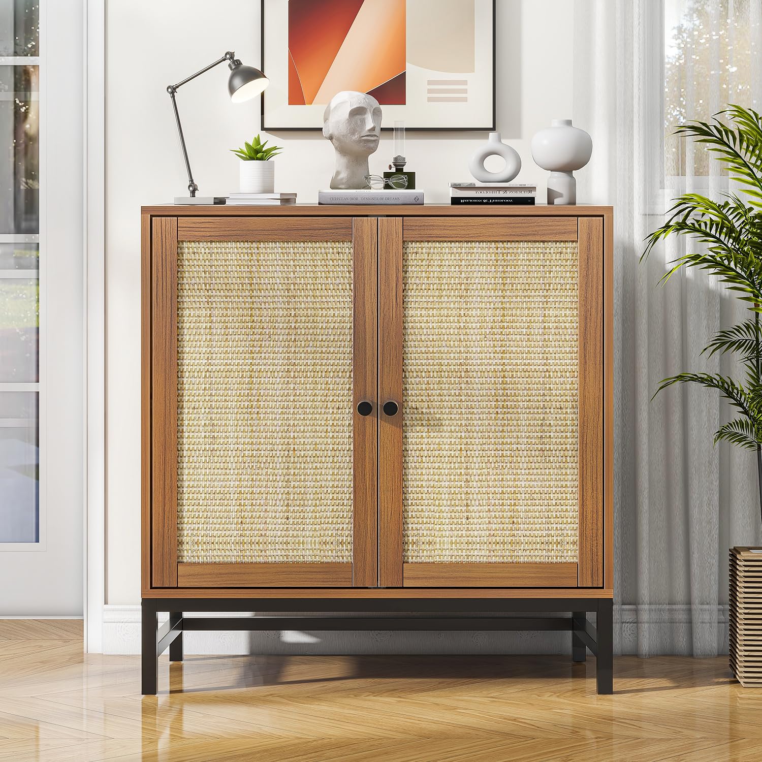 Credenza Rattan Buffet Cabinet, Sideboard Storage Accent Cabinet with 2 Doors, 31.5" Large Mid Century Modern Console Cabinet for Kitchen, Living Room and Dining Room, Walnut