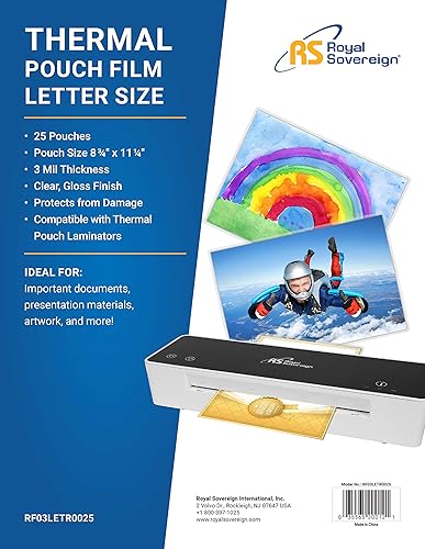Miniatura 2 de Royal Sovereign Bolsas de laminación térmica, 3 mil, tamaño carta 11.25 x 8.75 pulgadas, brillo transparente, 25 bolsas (RF03LETR0025)