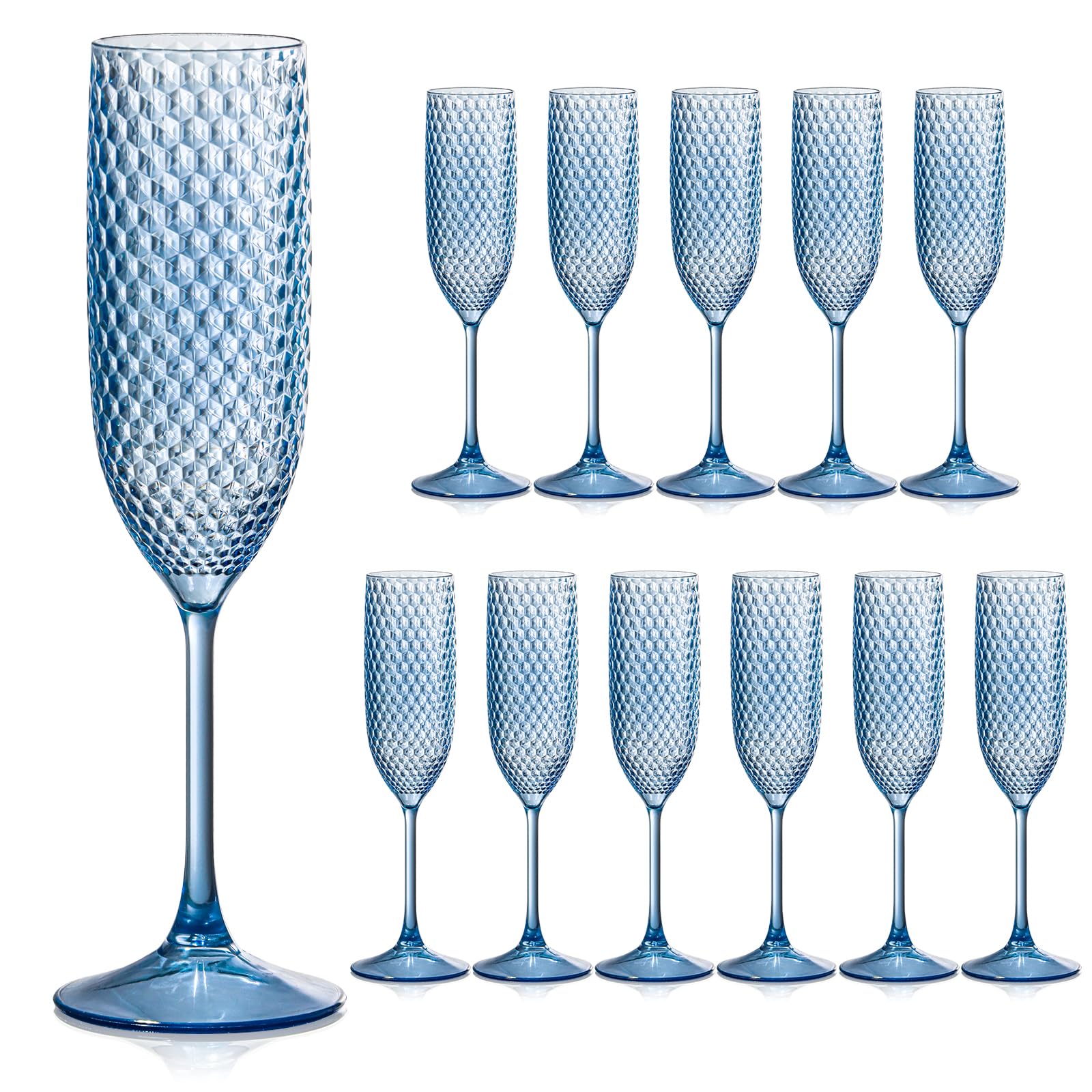 12 Pack Plastic Champagne Flutes Light blue Champagne Glasses Unbreakable Wedding Toasting Glasses Diamond Wine Glasses Crystal Clear Party Wine Cups Vintage Drinking Glasses 5.5 OZ for Bridal Shower Light Blue 12