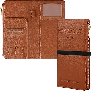 Cartera de pasaporte de viaje con bloqueo RFID con cremallera, organizador de documentos de piel sintética para hombres y mujeres, diseño de ranuras para tarjetas, Brown, Talla única, Vintage