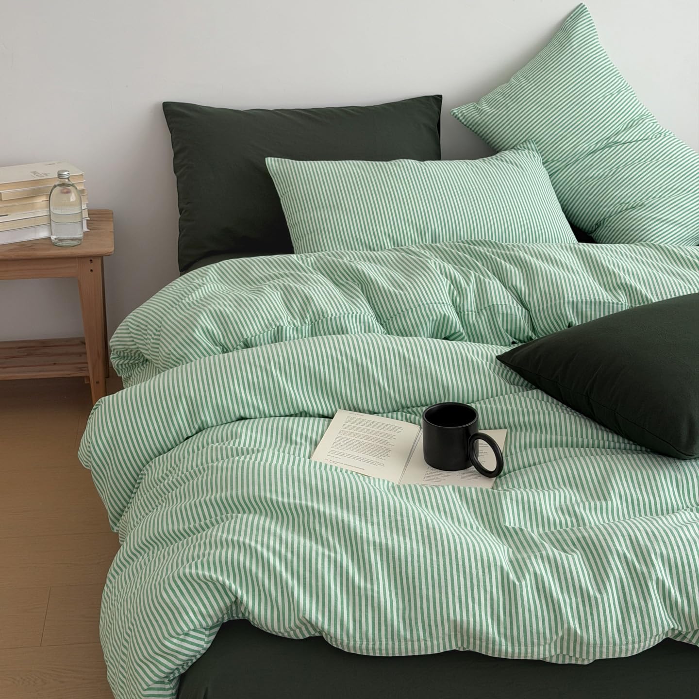 HoBaBa King Duvet Cover Set Green White Striped Bedding Set King Bed