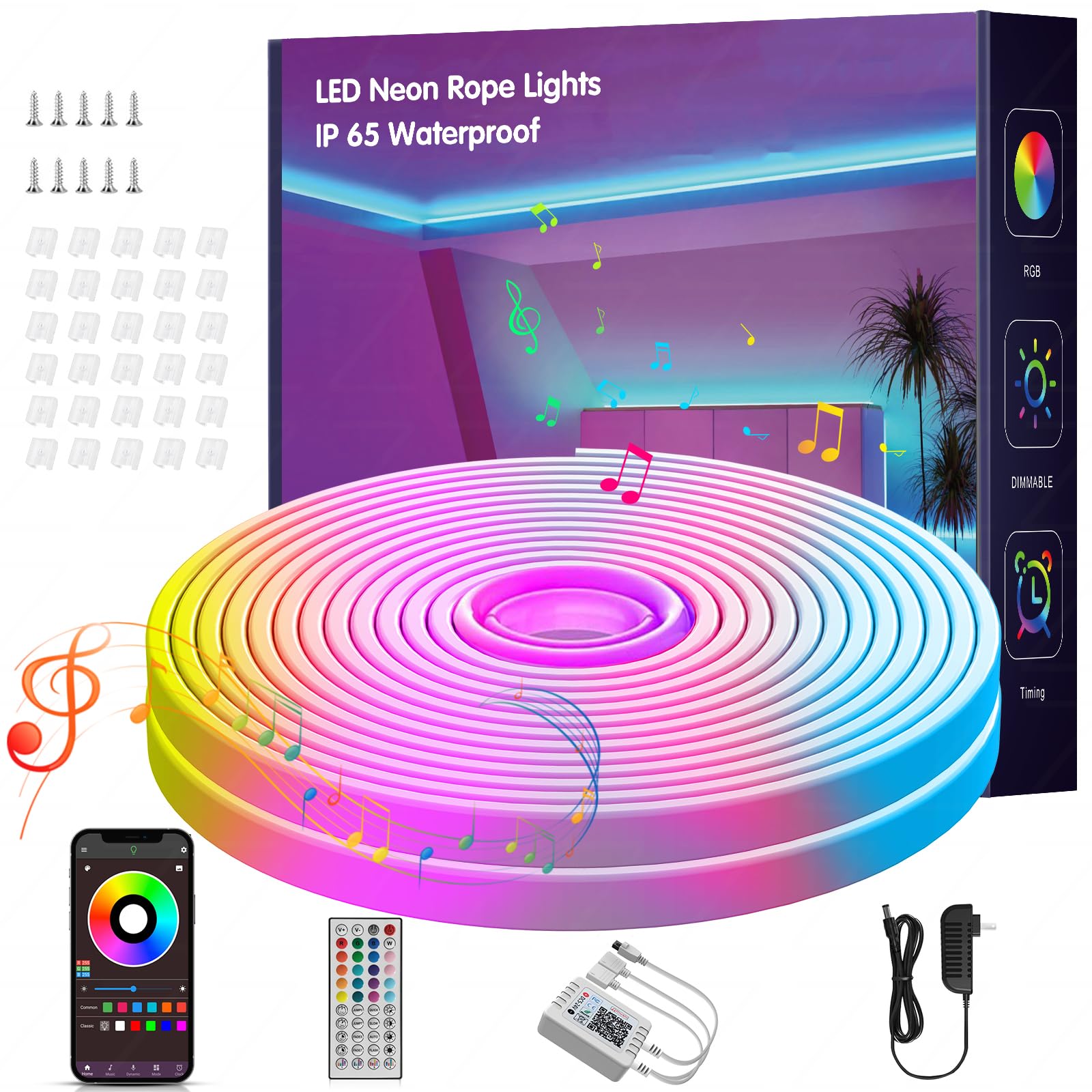 32.8FT Led Neon Rope Lights Music Sync, RGB Led Strip Lights Outdoor, Neon Led Light Strip with Remote & App Control, DIY Flexible Led Lights for Bedroom, Gaming, Party, Room Decor Aesthetic