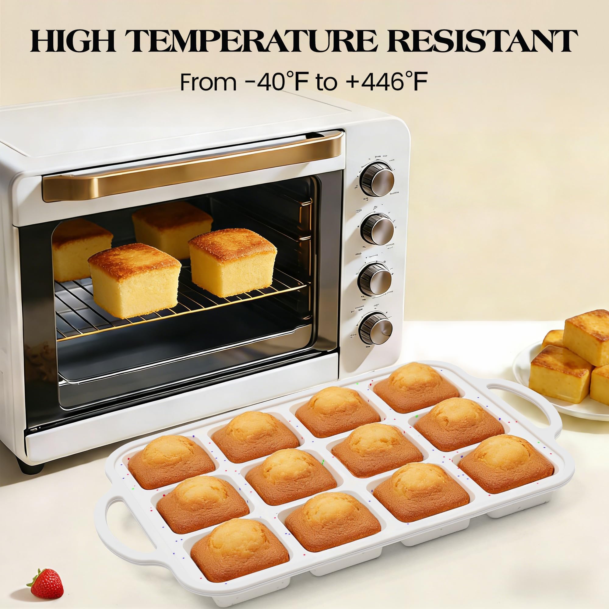 Lot de 2 mini moules à brownie carrés en silicone avec séparateurs pour la cuisson individuelle antiadhésive, 12 muffins, cupcakes avec cadre renforcé en métal (crème)