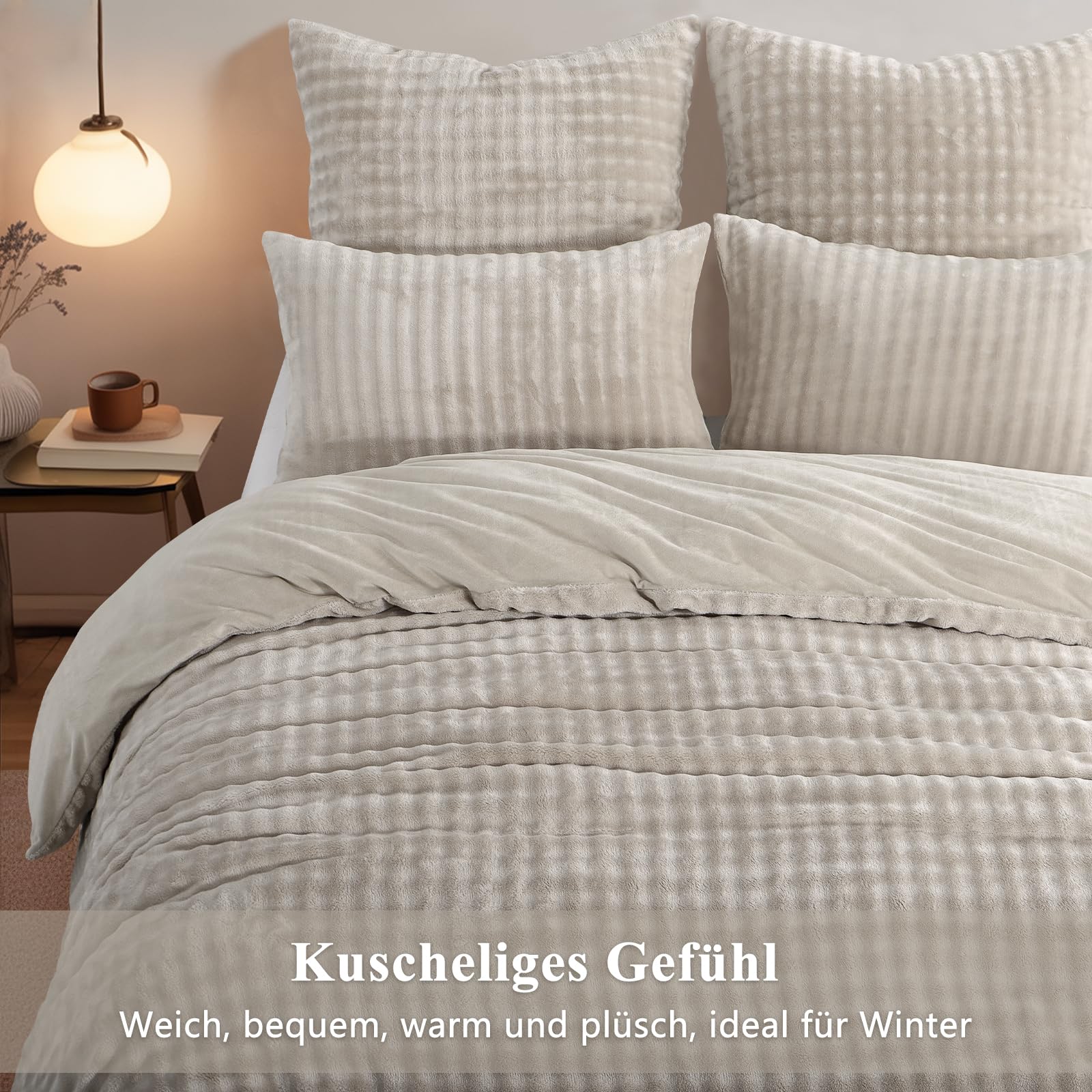 RUIKASI Winter Plüsch Bettwäsche 155x220 2teilig Beige - Warme Kuschelig Weich Flauschige Flanell Fleece Bettwäsche Luxus Wende Bettbezug mit Reißverschluss und 1 Kissenbezug 80x80cm