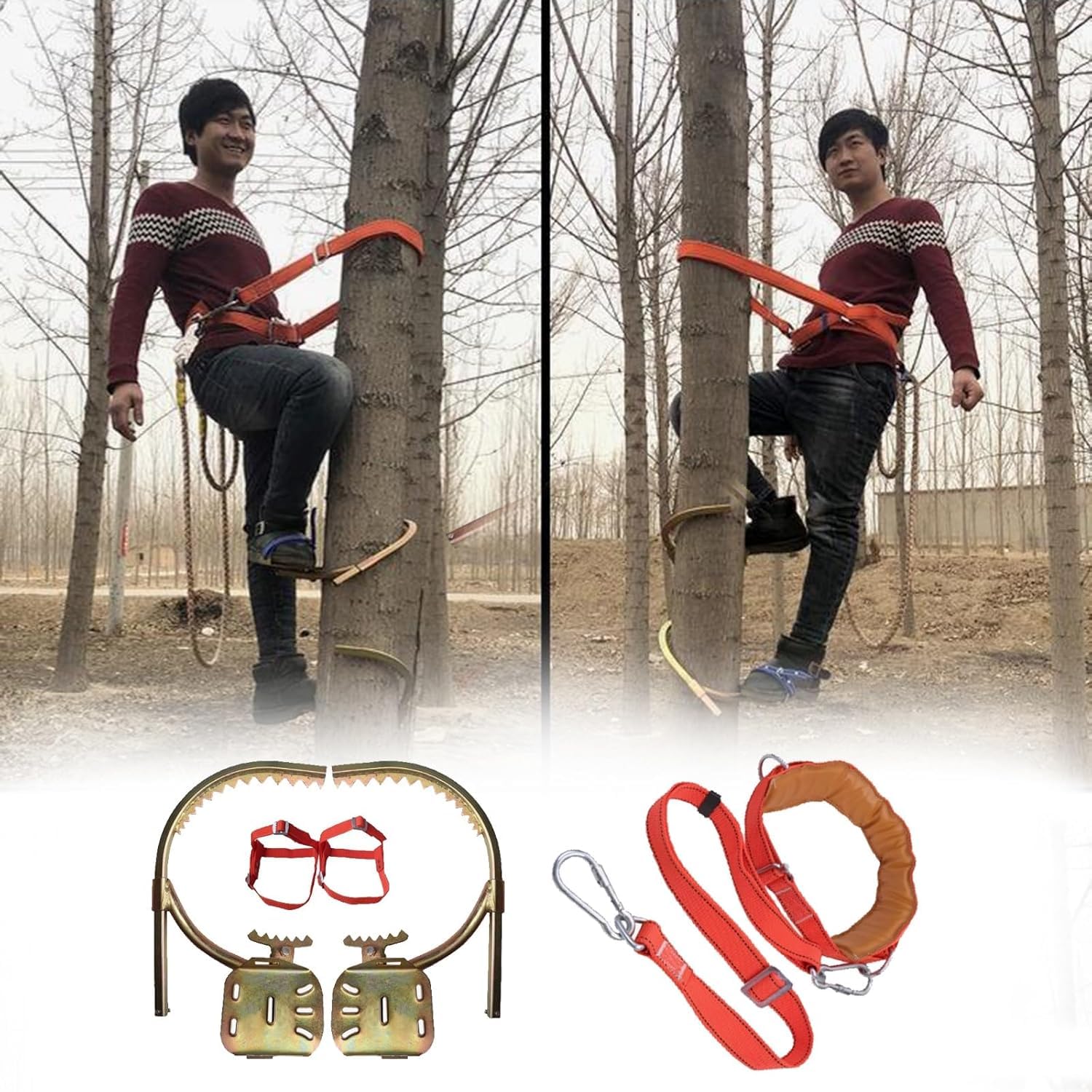 Hochleistungs-Baumsteigeisen, Tragkraft 150 kg, verstellbare Steigeisen aus Manganstahl für Stangen- und Obstpflücken, rutschfeste Gummierung, ergonomisches Design für sicheren Aufstieg