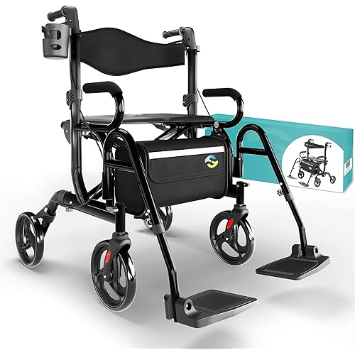 Helavo 2 in 1 Walker Wheelchair Combo - Foldable Aluminum Rollator with Footrests - Convertible to a Transport Chair, 300 lbs Load Capacity - Maximum Mobility in All Situations