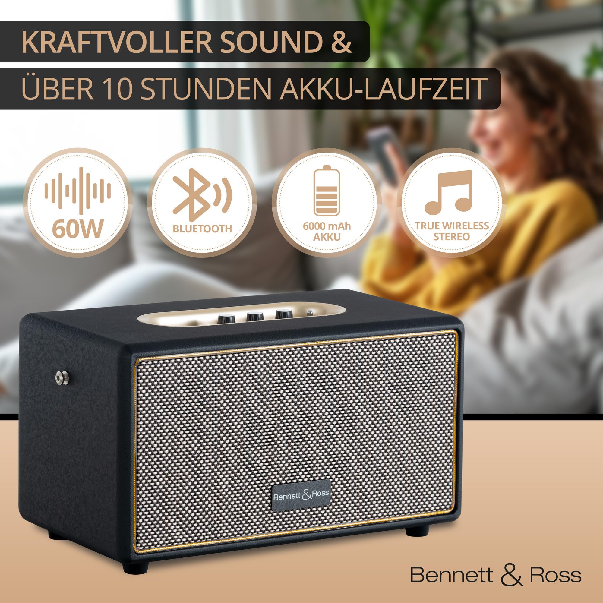Bennett & Ross BB-860A BK Blackmore altoparlante bluetooth retrò in pelle con batteria da 6000 mAh - Altoparlante vintage da 60 W - Funzione Stereo True Wireless - Ingresso Aux - Cassa nero