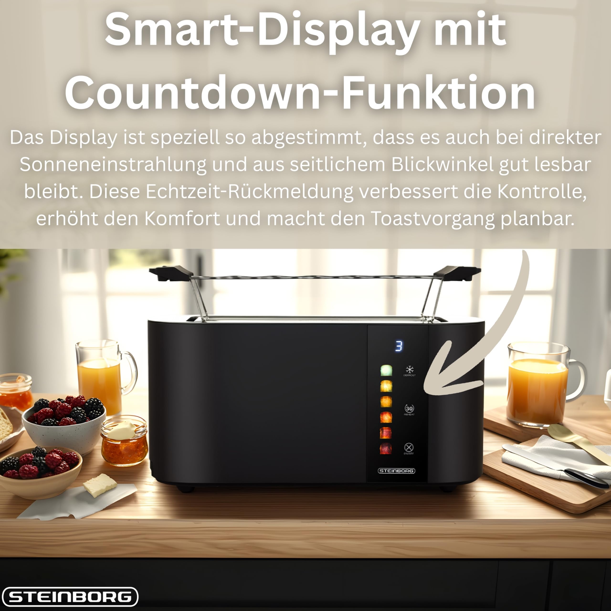 Steinborg® Automatik Toaster 4 Scheiben mit Brötchenaufsatz Langschlitztoaster Automatische Liftfunktion ohne Hebel - Toastautomat Digitales Display Brotzentrierung Restzeitanzeige Abschaltautomatik