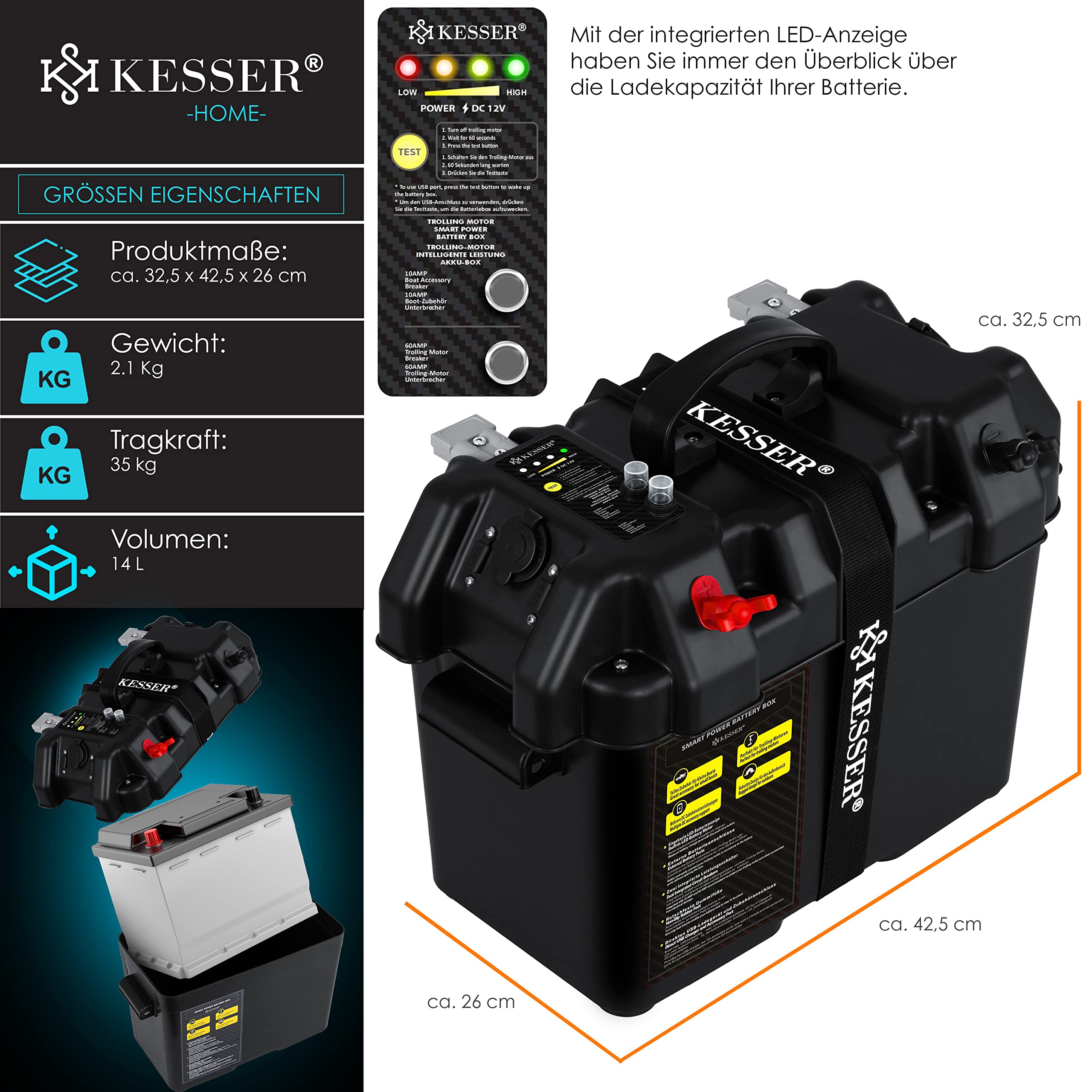 KESSER® Scatola per Batteria per Motore da Barca, Motore Elettrico, Gonfiabile, avviatore Esterno, Camper, Scatola Batteria USB e connettore da 12 V, Batteria accendisigari, indicatore LED