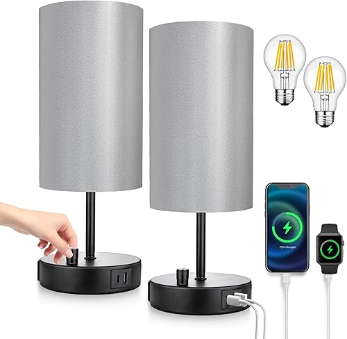 Miniatura 12 de Juego de 2 lámparas de mesita de noche regulables sin escalones, luces de mesita de noche para dormitorio con puertos de carga USB A+C y salida de