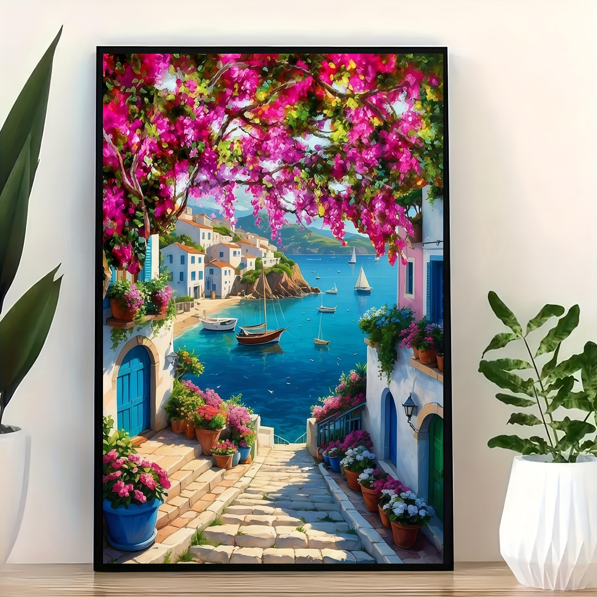 Cuadro de pueblo costero con diseño de póster moderno para salón