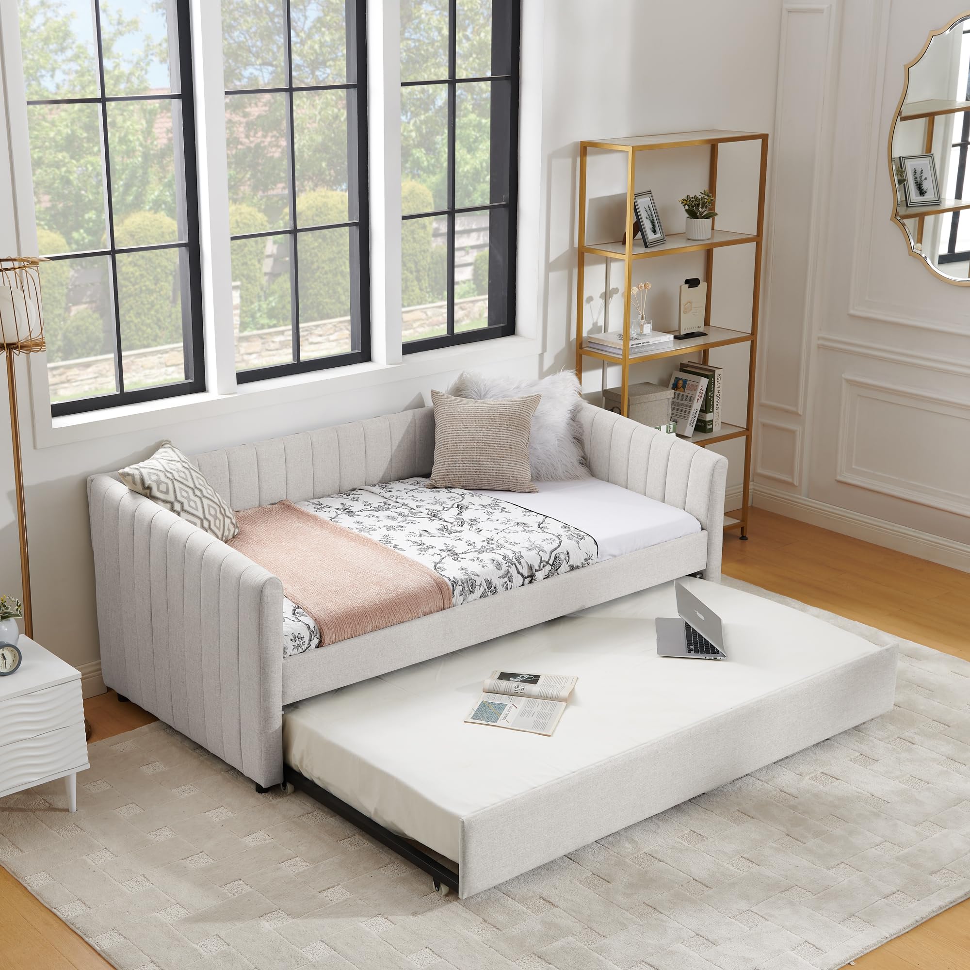 Upholstered Daybeds SOFTSEA Twin To King Daybed With Pop-Up Trundle - Linen  Upholstered Extendable Day Bed Frame For Living Room \u0026 Guest Room Day Bed  With Trundle, image size:2000x2000