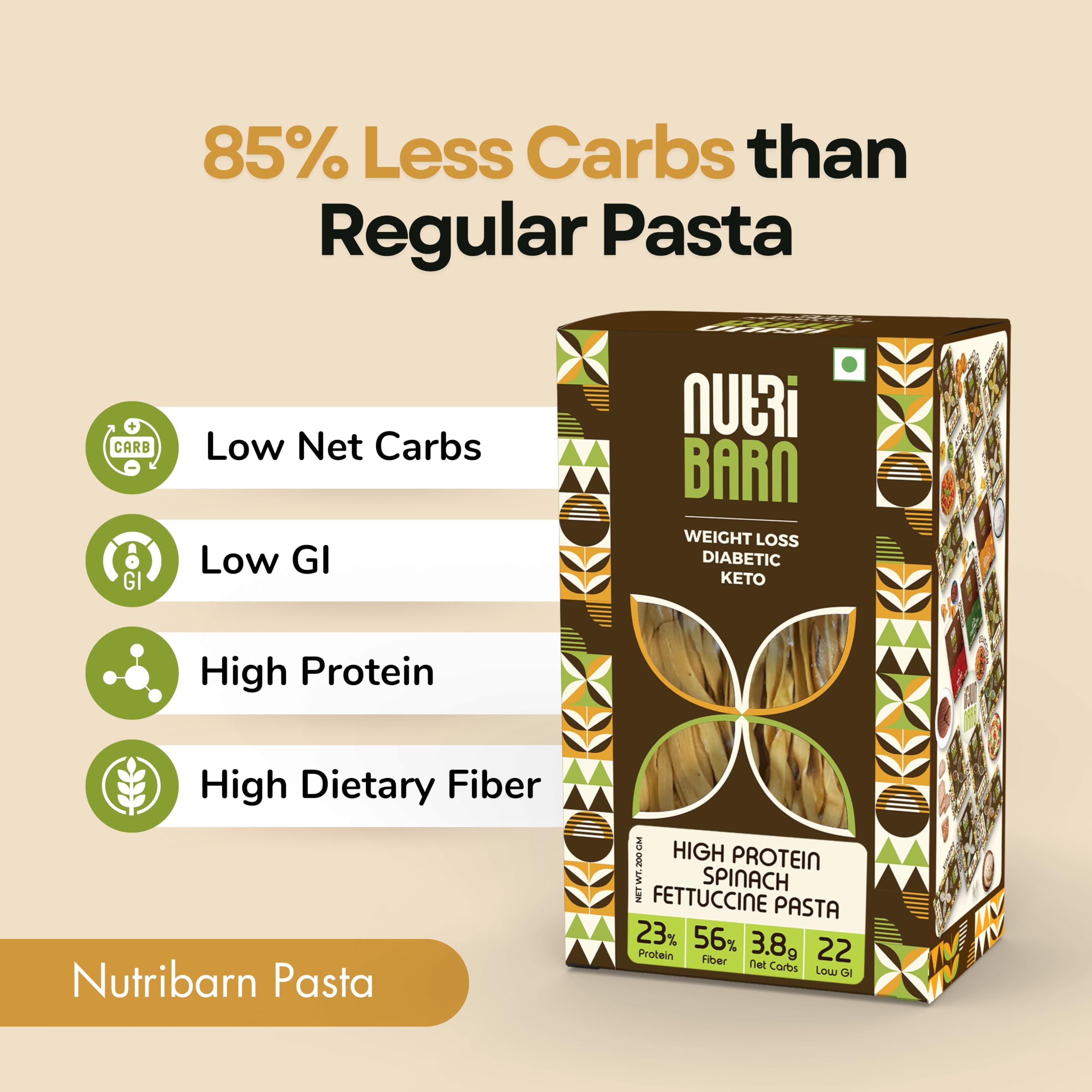 Nutribarn Keto Spinach Fettucine Pasta (Flat noodles), 200 Gms, 1 Pack, 3.5g Net Carb & 16g High Protein/Serv, Identical to Regular Pasta, Ultra Low Carb, Pre-Biotic High Fibre, Keto Diet, Weight Loss 2