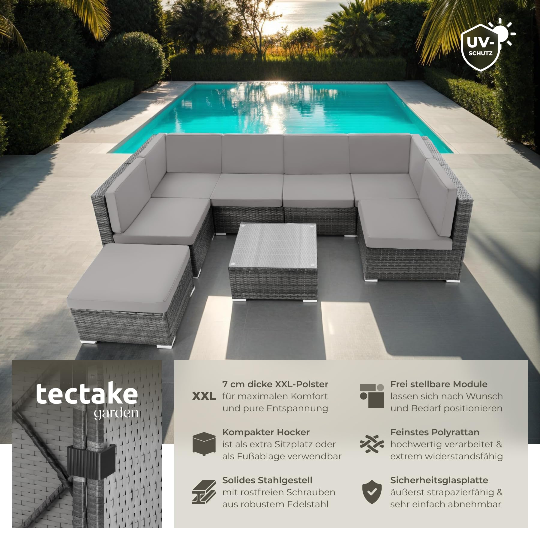 tectake XXL Polyrattan Lounge, Gartenmöbel Set, Sitzgruppe, Balkon Möbel mit 6 Sitze 1 Tisch 1 Hocker, inkl. Sitzkissen, Gartenlounge Outdoor, wetterfest, für Garten, Balkon, Terrasse - grau