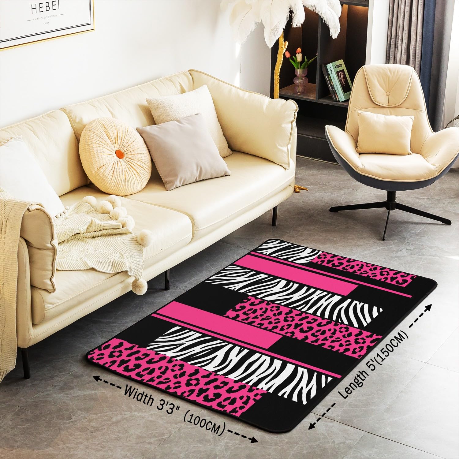 Loussiesd Leopard Zebra Living Room Rugs Area Rug 100x150cm Cheetah Pink White Black Accent Rug for Animal Print Indoor Floor Mat Non-slip Safari Rug - Image 3