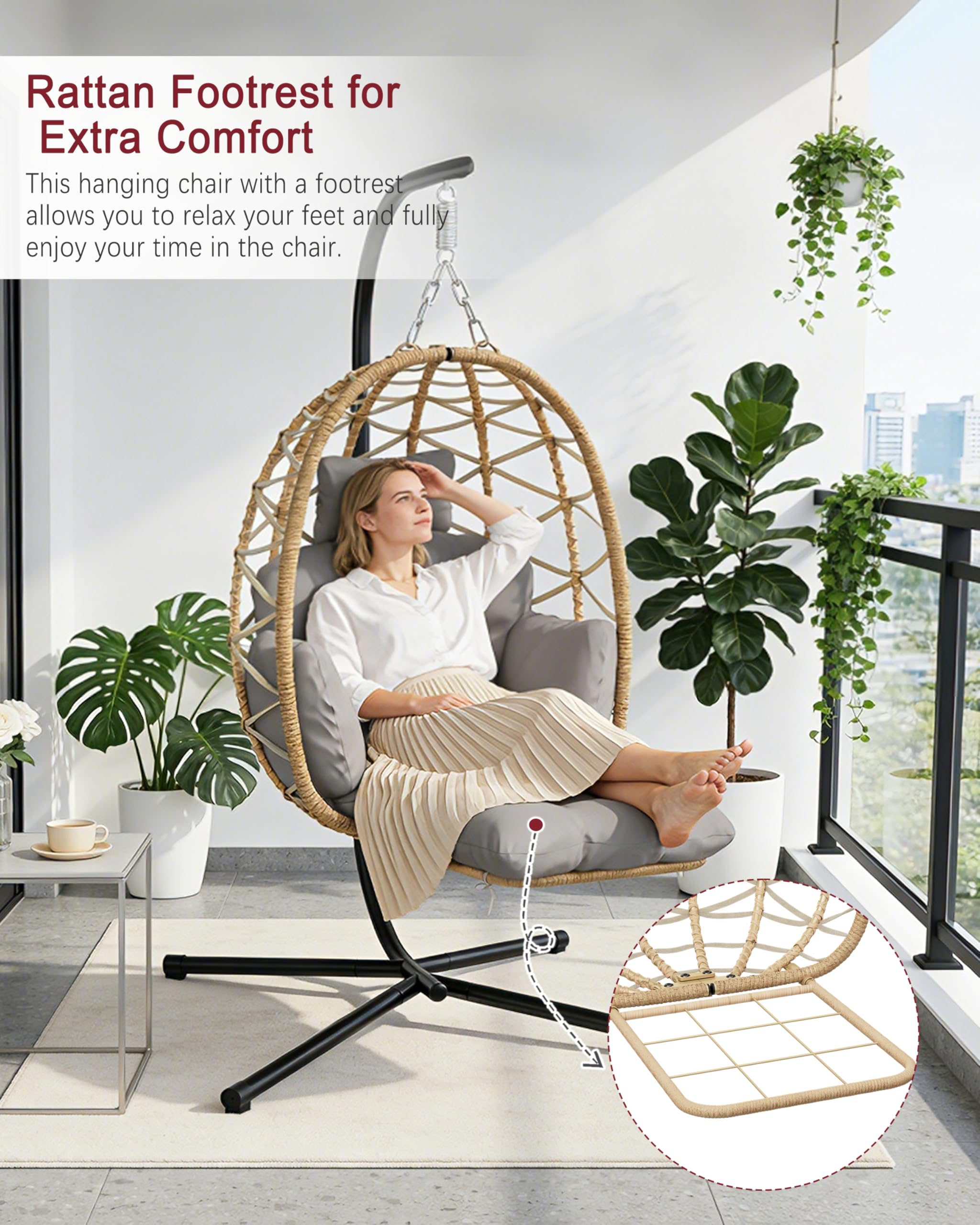 Silla colgante con estructura, reposapiés, silla colgante, en ratán para interiores y exteriores, columpio colgante para jardín, terraza, cuarto de niños, rincón de lectura, hasta 150 kg