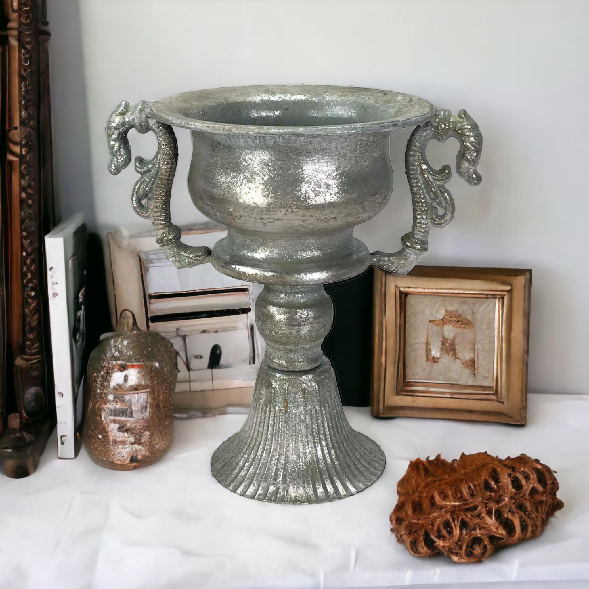 Silberne Deko Amphore 37cm - Aluminium Pokal Vintage Pflanzvase