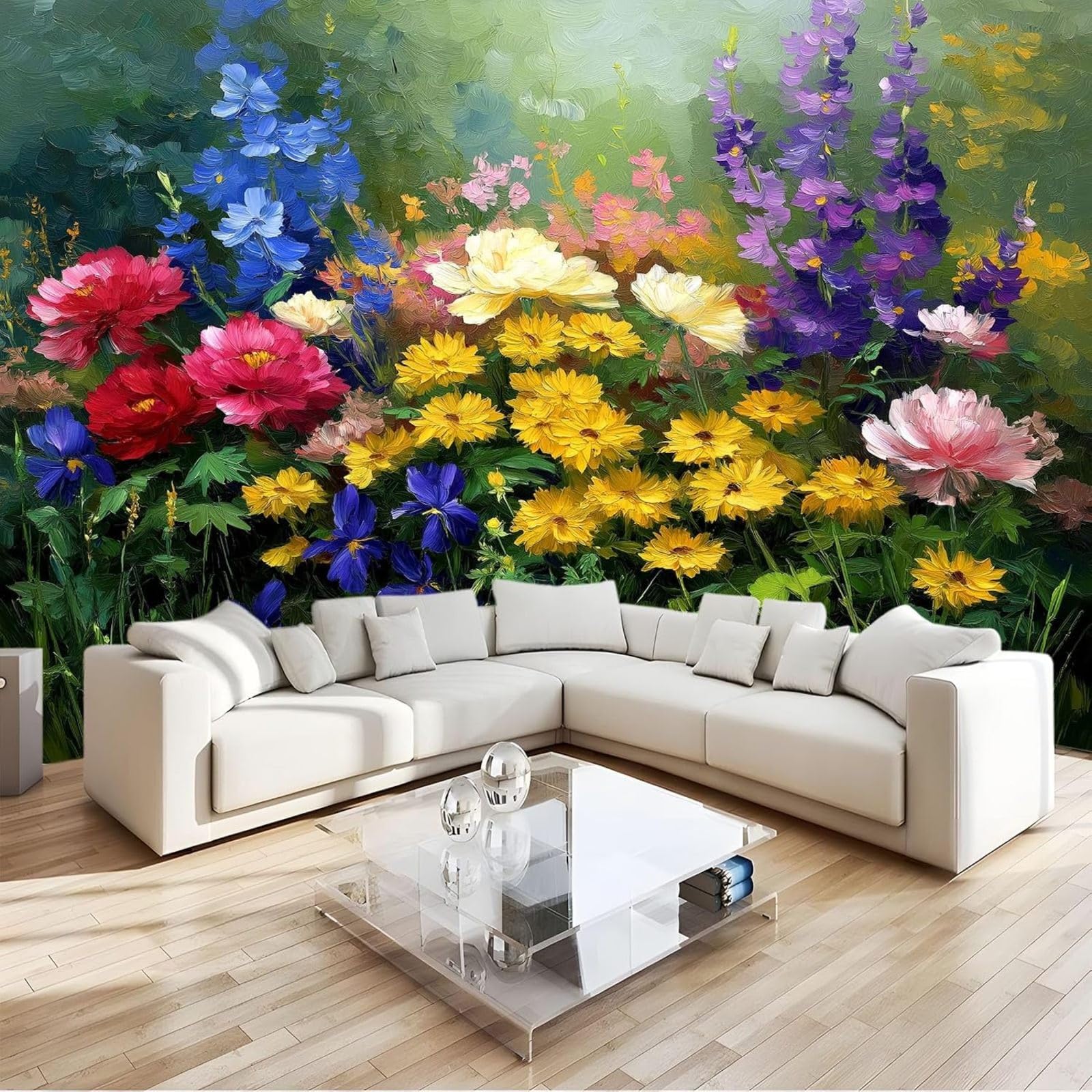 hgjdjhnf Photo Wallpaper Oil Painting Wildflowers Irises Modern wall Mural Living Room Bedroom wall Art wall, Green, 350cm x 256cm