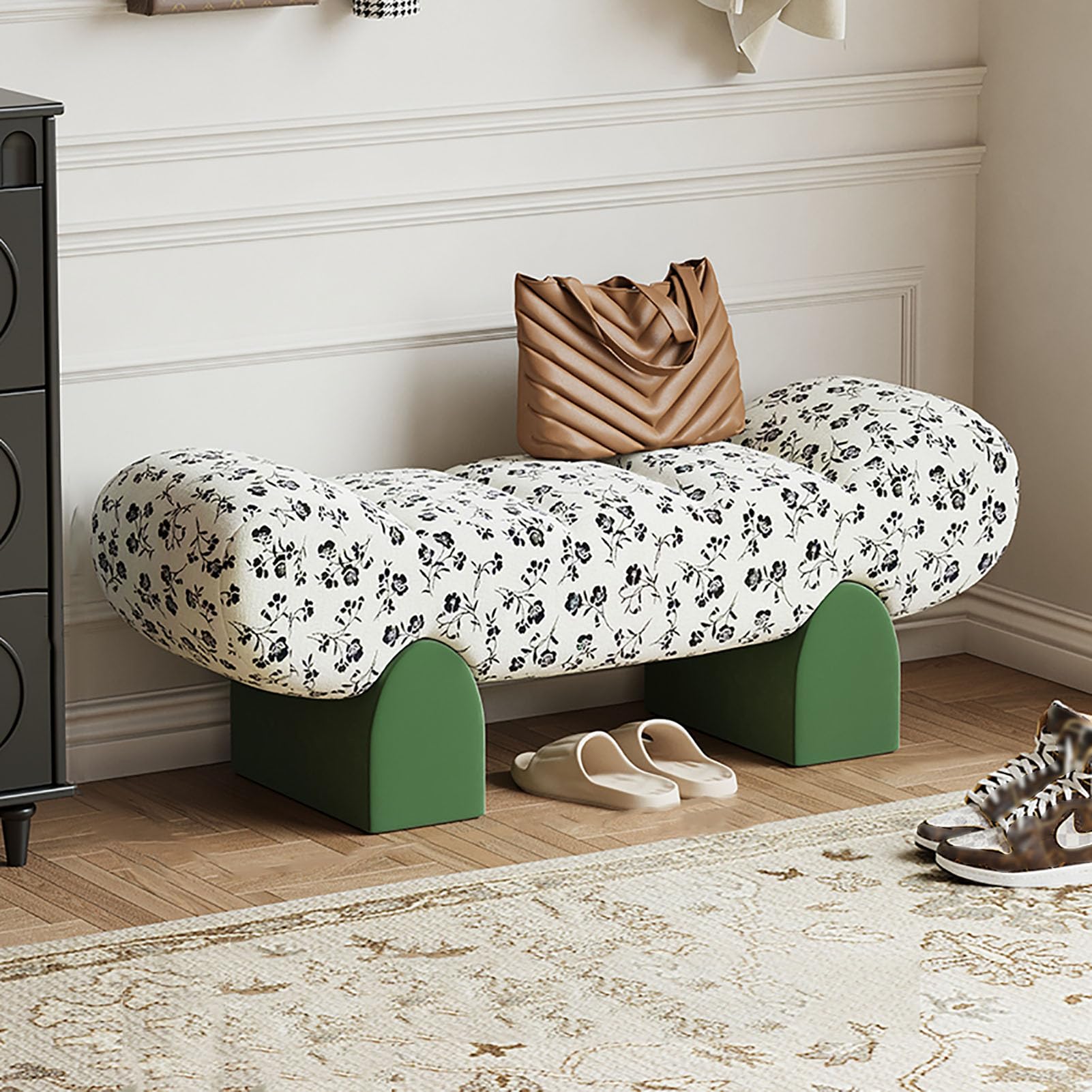 KLGFBDC Ottoman Bench, Upholstered Entryway Shoe Bench, Accent Footstool with Solid Wood Legs for Living Room, Hallway, Bedroom