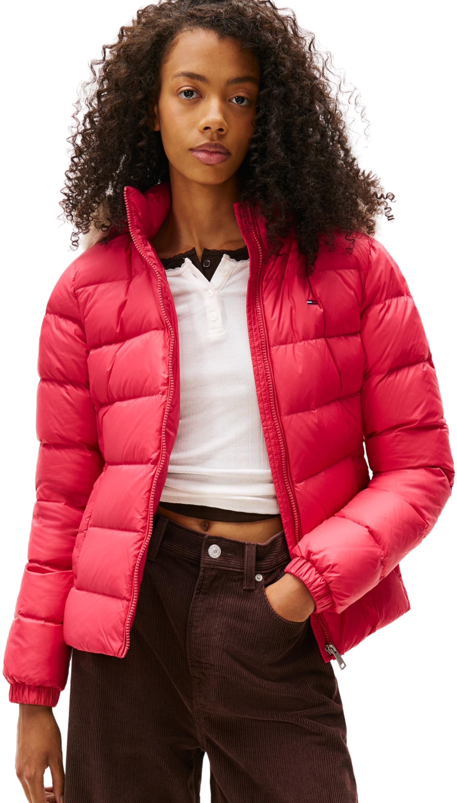 Tommy Jeans Women's Basic Hooded Down Puffer Jacket, Red (Vintage Cerise), 2XL
