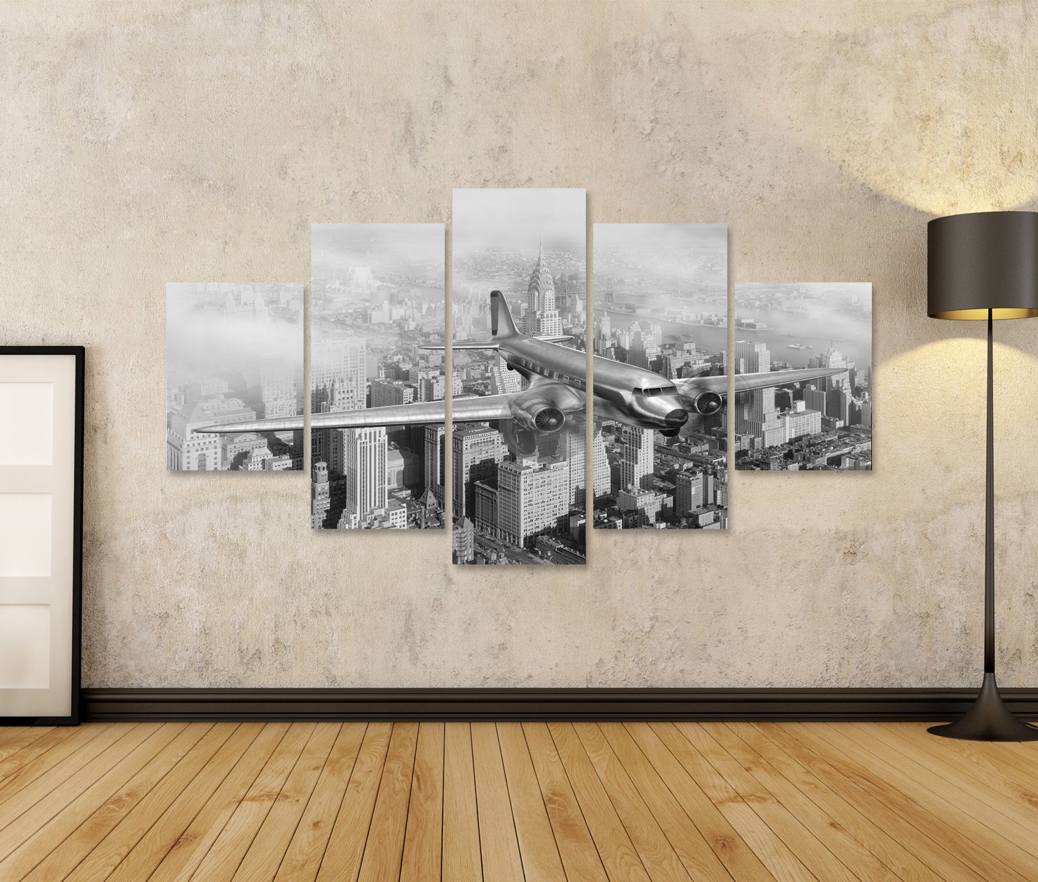 islandburner Bild auf Leinwand Vintage Bild Von Einer Douglas Dc Über New York City Schwarz-Weiß Bilder Wandbilder Poster