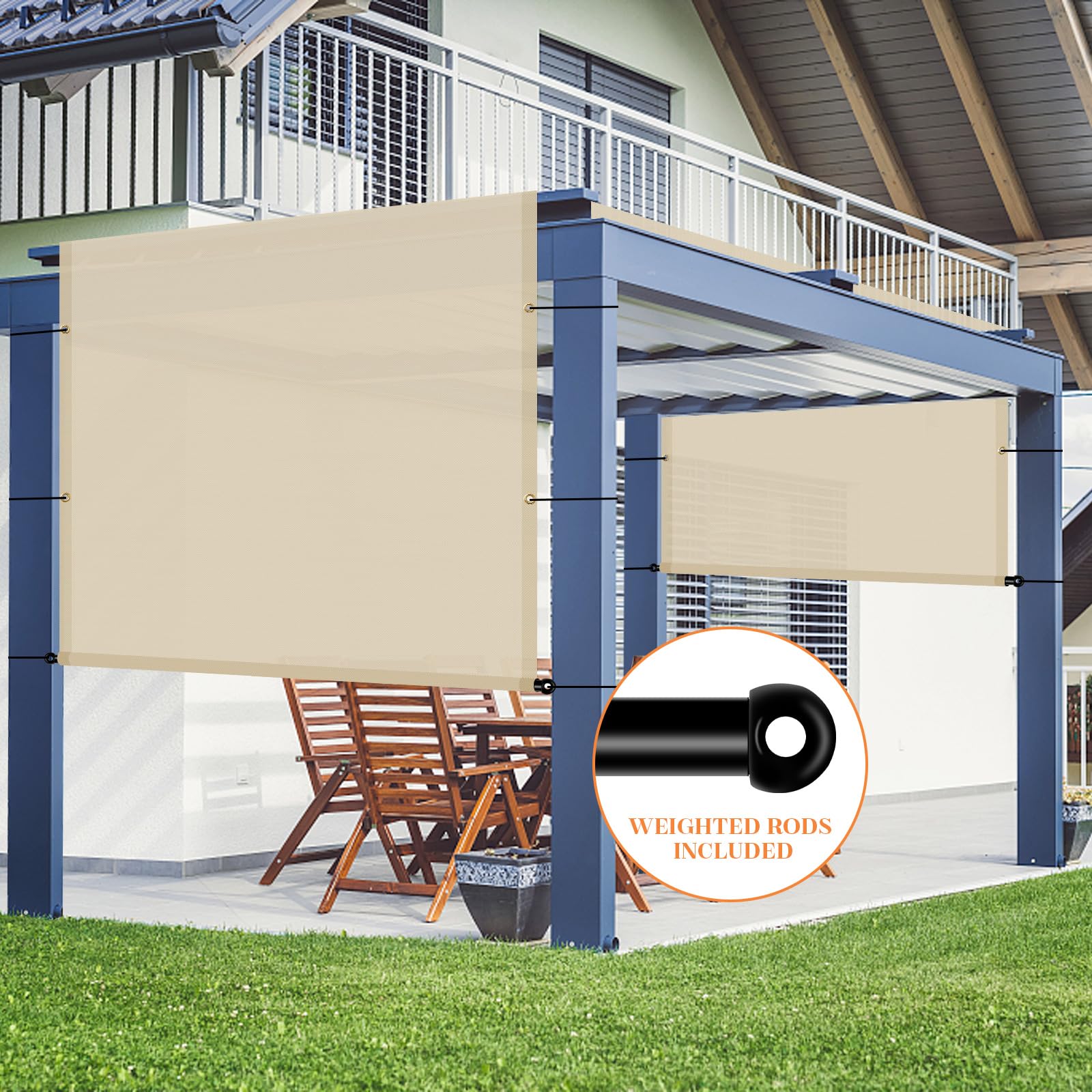 AwnPro 9' x 12' Waterproof Outdoor Shade Cover Canopy Cloth Sun Shade Cover with Grommets Weighted Rods for Pergola Patio Porch (Beige)