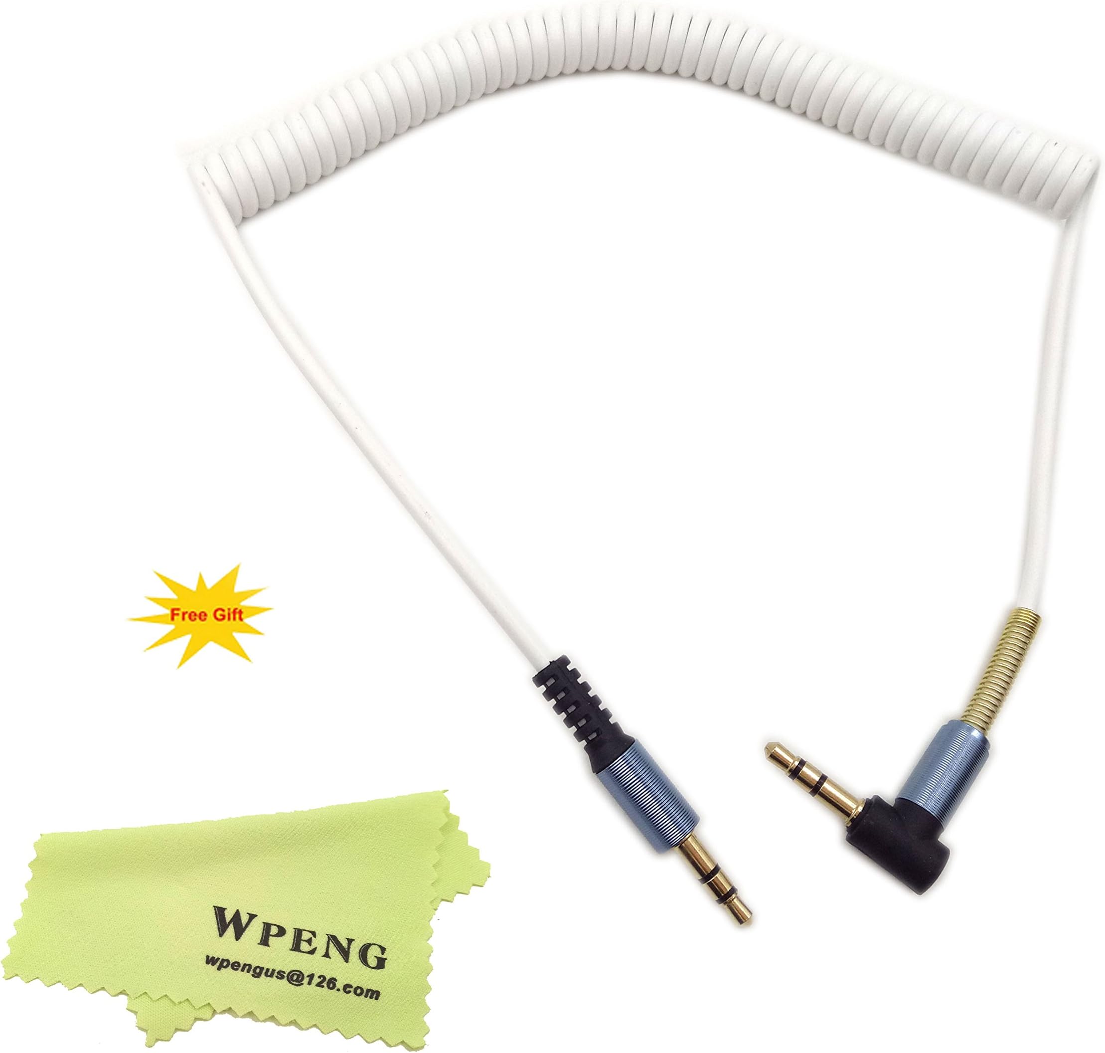 Wpeng 3.5mm Spring Coiled Audio Cable Male To Male Right Angle gold plating spiral Spring Coiled Aux Cable - 5Ft(White)