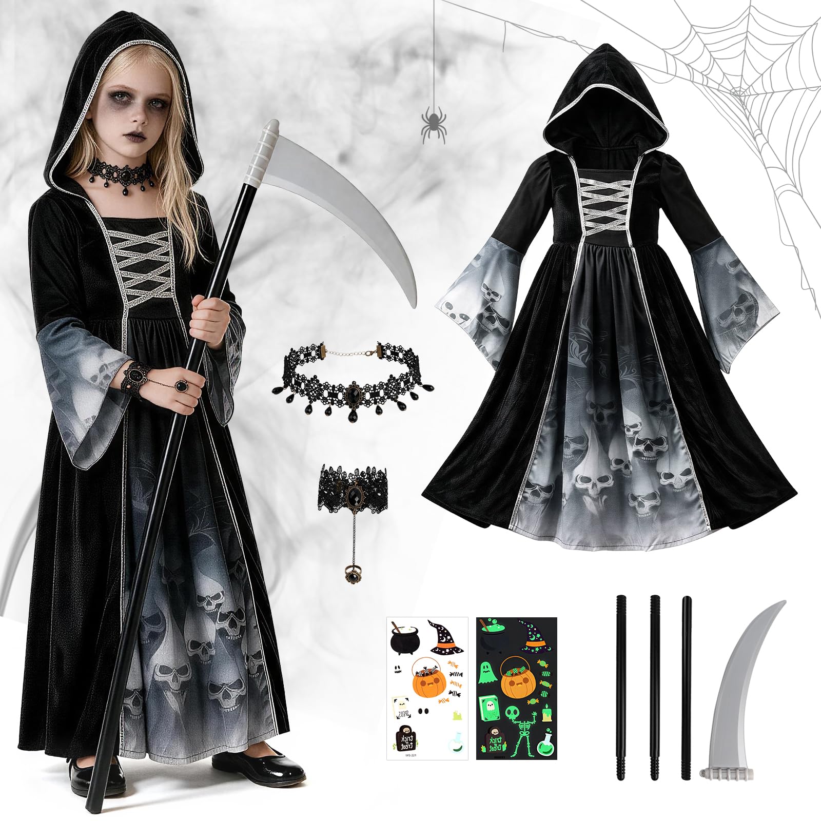 Tutukyle 5PCS Sensenmann Kostüm Halloween Mädchen, Scream Sensenmann Faschingskostüme mit Sense Halskette Armband Temporäre Tattoos, für Karneval Party Maskerade Verkleidung
