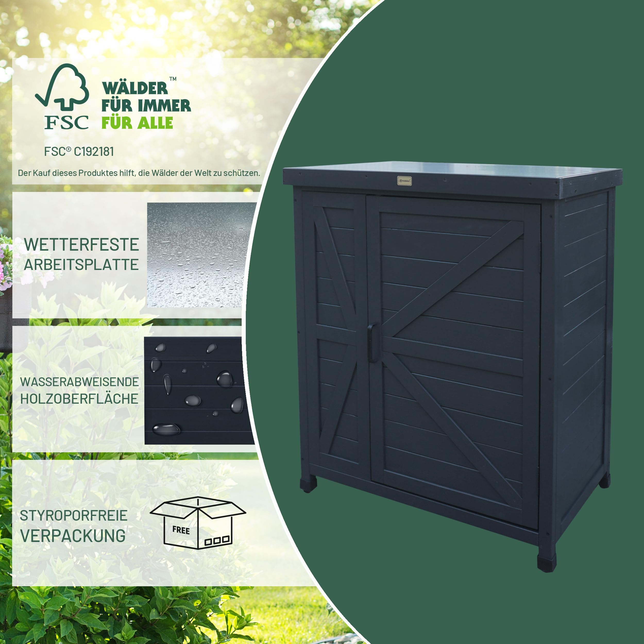 HABAU Gartenschrank Logan 80x45x91 cm Arbeitsplatte FSC-Massivholz Anthrazit wetterfest Outdoor