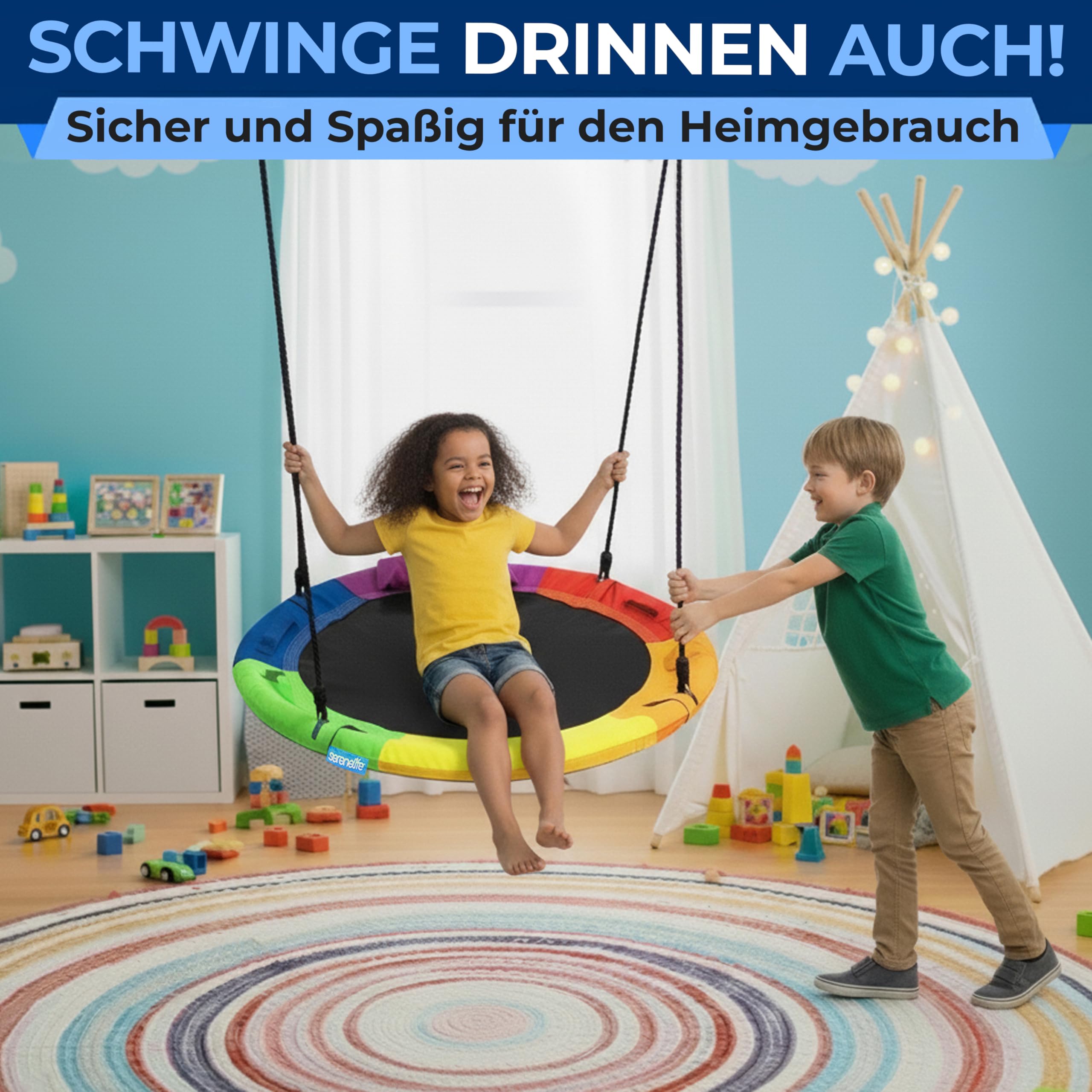 SereneLife Nestschaukel Outdoor, 101 cm Kinder Schaukel, bis 320 kg belastbar, höhenverstellbar, Baumschaukel für Garten, Kinder & Erwachsene, Regenbogen