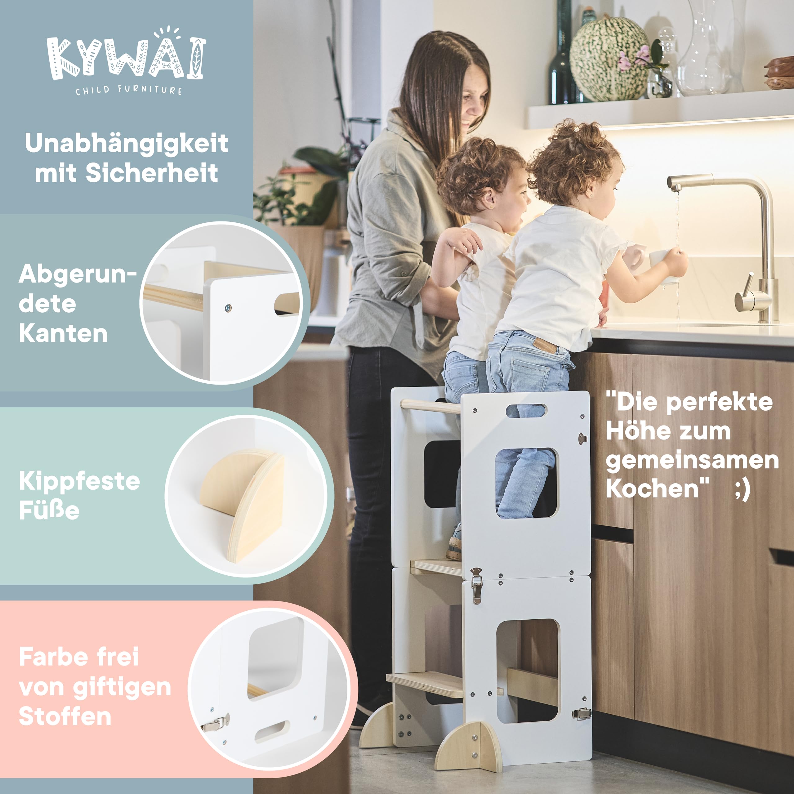 Lernturm ab 1 Jahr – Lernturm Klappbar 3 in 1 mit Tafel – Learning Tower für Kinder – Faltbar mit Sicherheitsfüßen – Aus Nachhaltigem Holz – Stabiler Montessori-Hocker für Zuhause