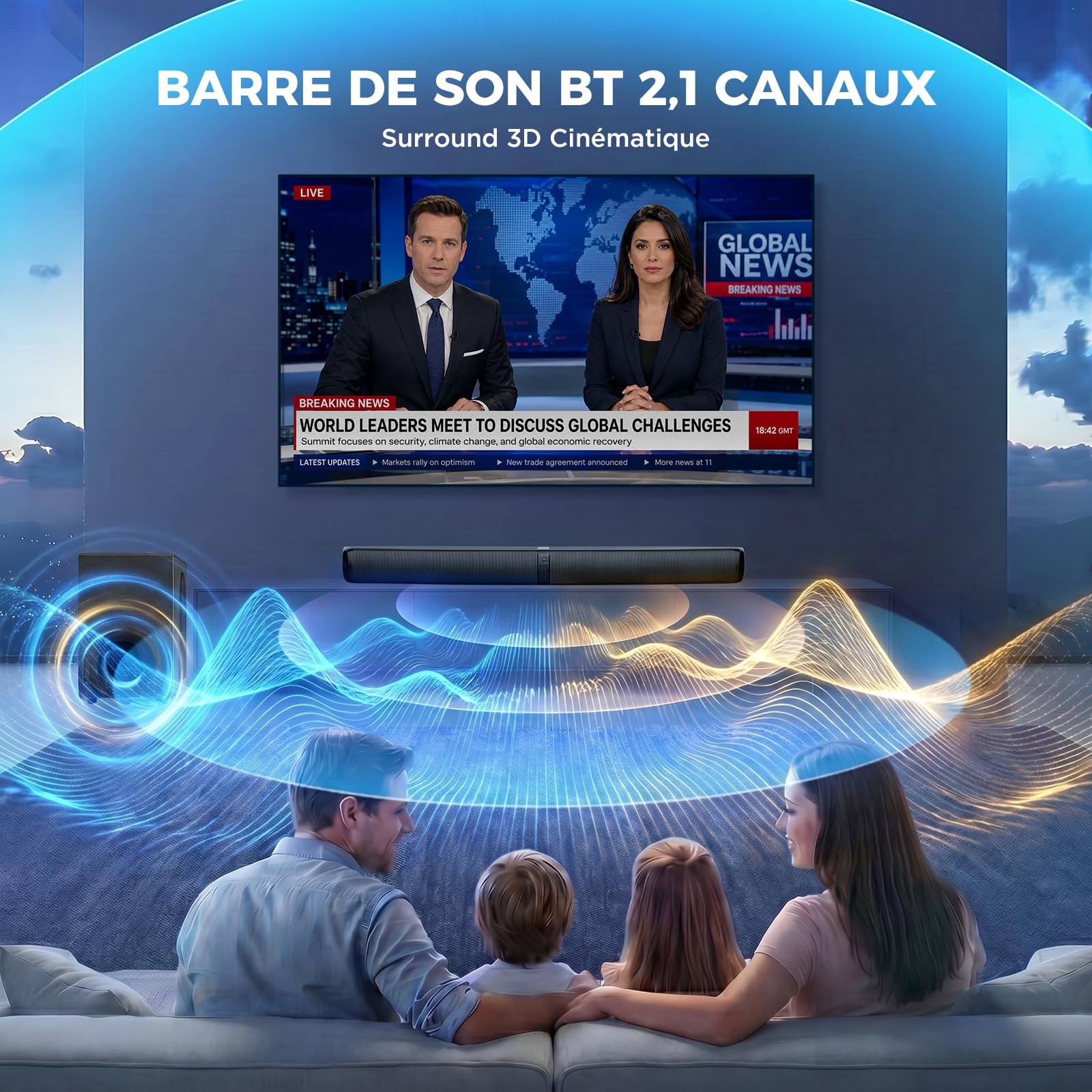 GarageRock Barre de Son avec Subwoofer pour TV, 110 W Peak 2-en-1 Présentateur de TV avec Adjustable Deep Bass, Bluetooth 5.3/Arc/Opt/AUX, Surround Sound System pour TV/PC/Projecteurs/Cadeau, 1 Set