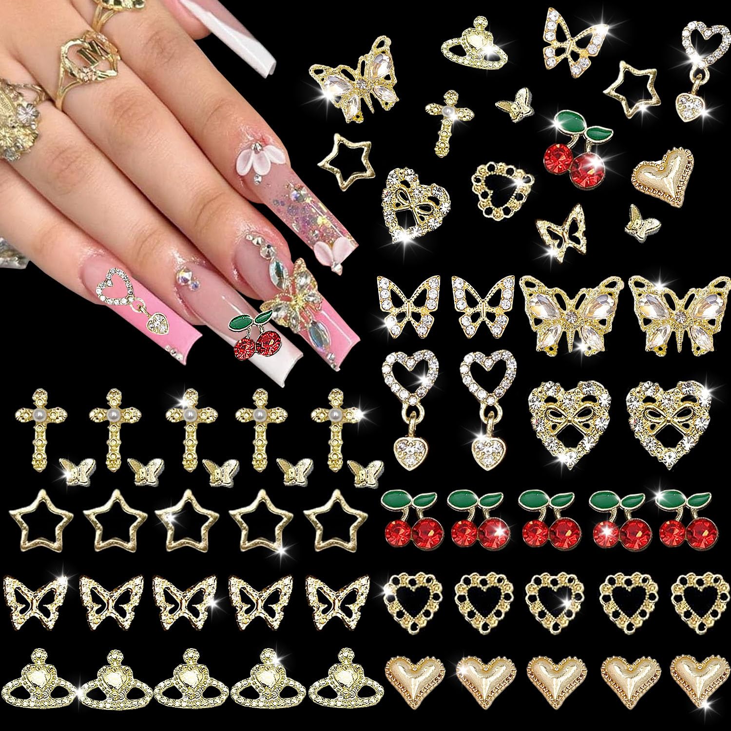 48PCS Gold Nail Charms 3D Butterfly Cross Star Heart Cherry Nail Art Charms Nail Gems Gold Charms for Nails for Women Nail DIY Design