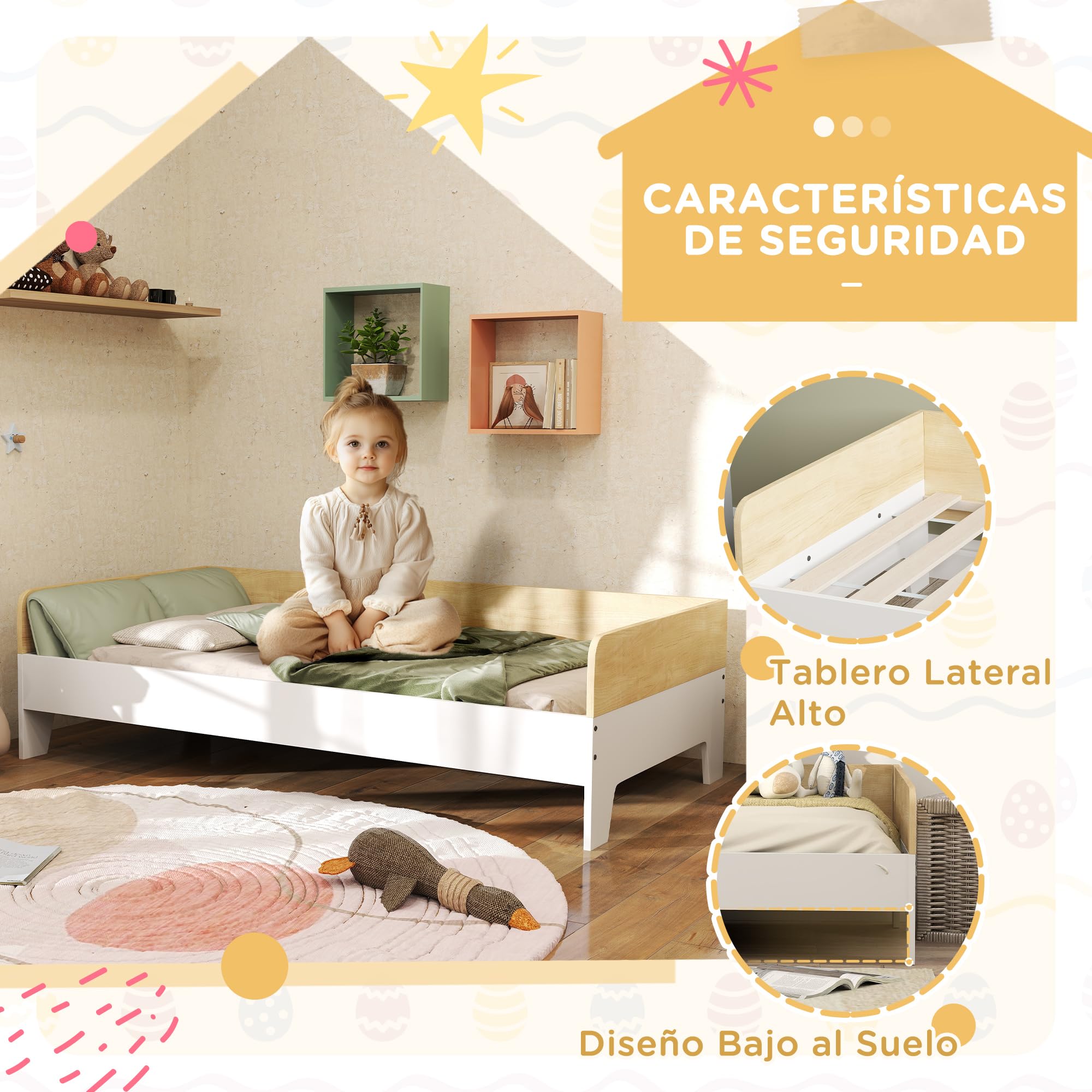 AIYAPLAY Cama para Niños +3 Años Carga 80 kg 140x70 cm Blanco y Natural | Cama Infantil de Madera, para Dormitorio