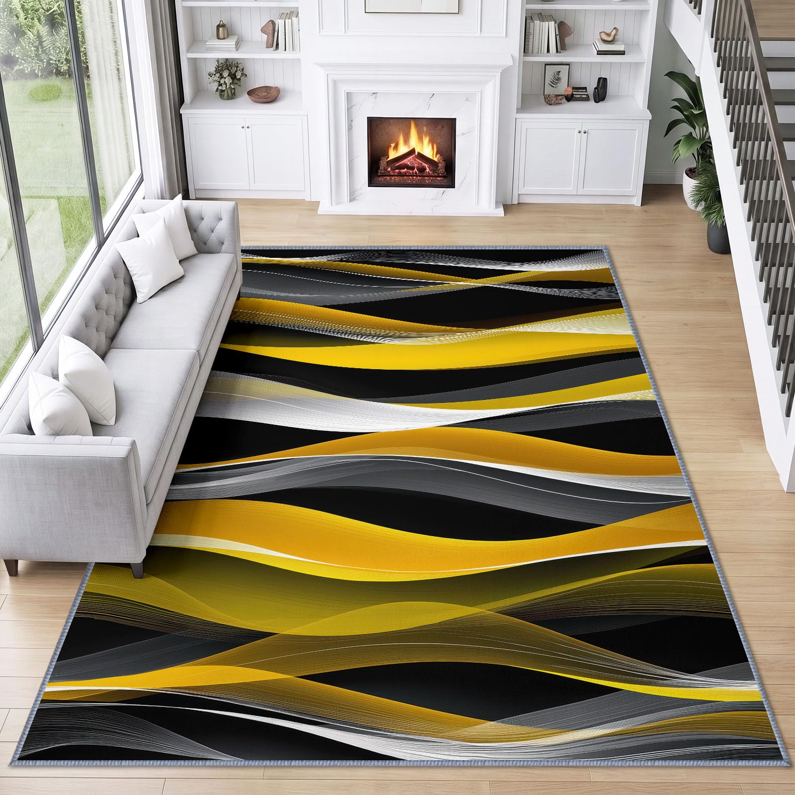 Abstrait Rayures Ondulées Verticales Géométriques Tapis Salon 160 x 230 cm, Lavable en Machine Antidérapant Tapis Abstrait Contemporain pour Chambre Descente de Lit Salle a Manger Bureau