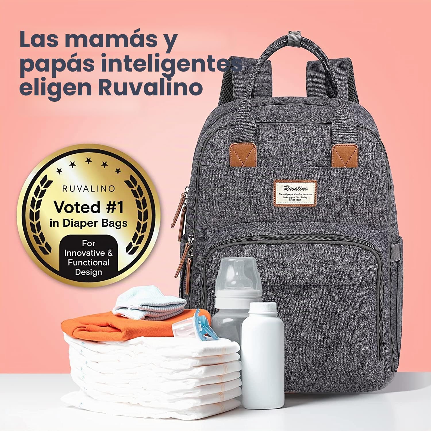 RUVALINO Mochila porta pañales Mochila grande para pañales con bolsa multifuncional para el bebé y cambiador móvil - Portachupetes - para mamá y papá, Talla única
