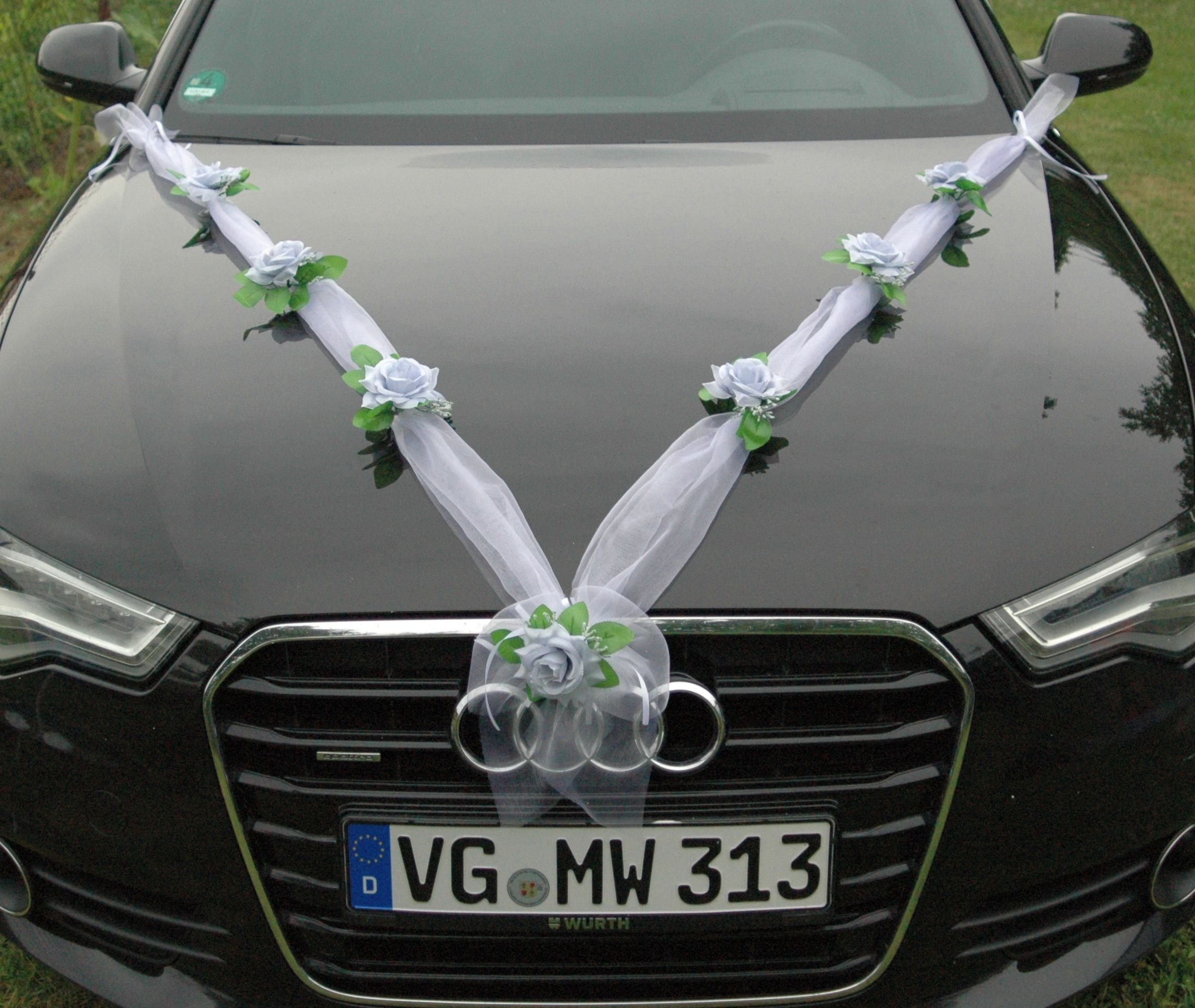 Autoschmuck Organza M Auto Schmuck Braut Paar Rose Deko Dekoration Hochzeit Car Auto Wedding Deko Girlande PKW (Silber/Weiß) - Image 4