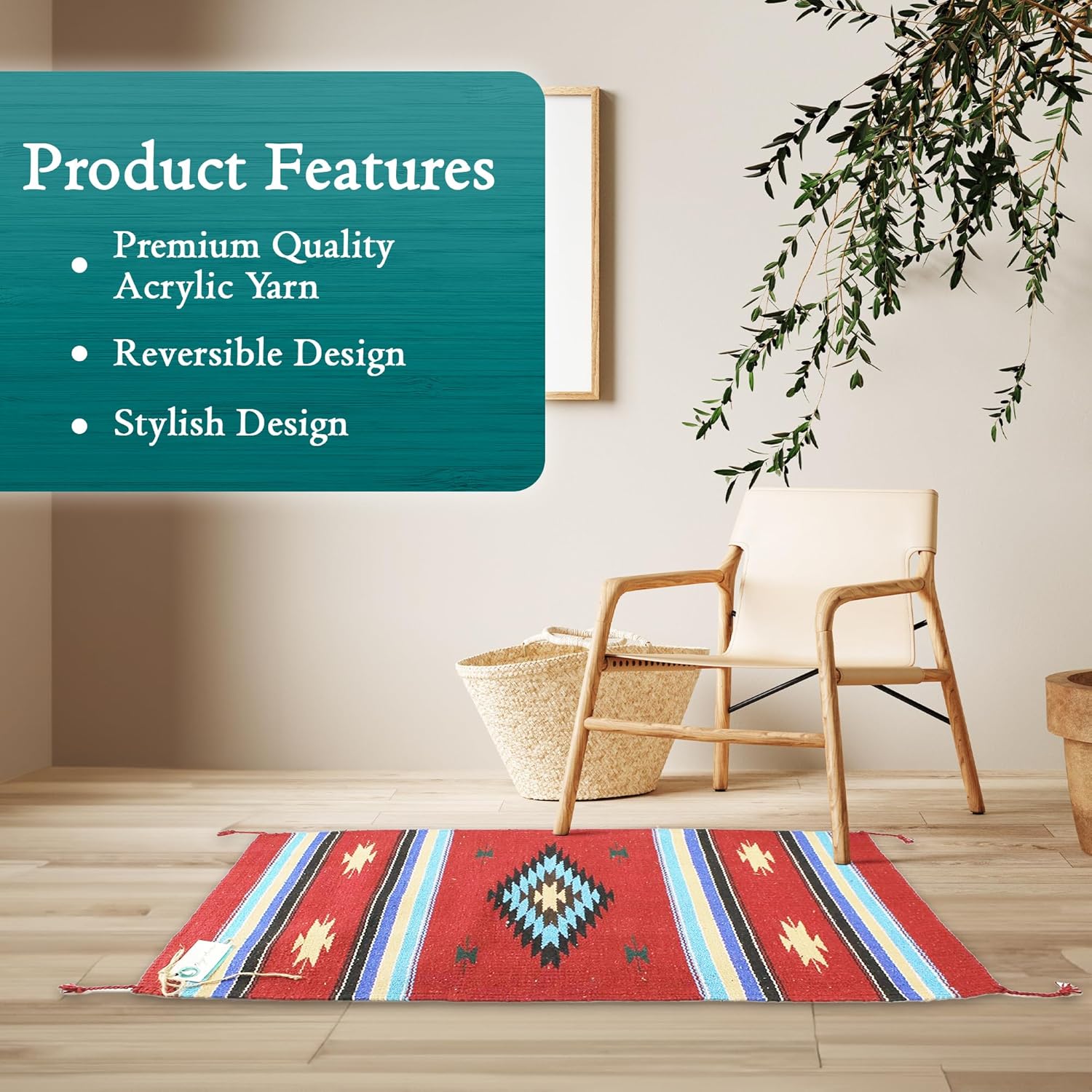 Southwest Area Rug - Washable Boho Rug - Indoor or Outdoor Rugs - Farmhouse Decor - Western Rugs for Living, Dining, Bedroom & More (Center Diamond, Dark Red/Black, 20 x 40 Inches)