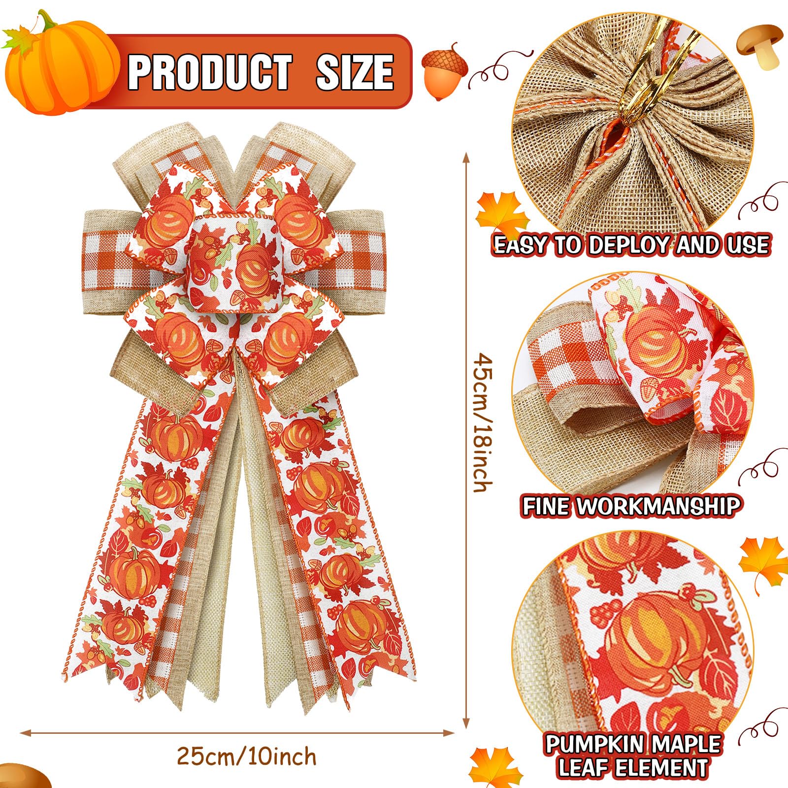Zeyune 2 Pcs Large Fall Wreath Bows Thanksgiving Bows Pumpkin Maple Leaves Bows Plaid Burlap Bows for Wreaths, Fall Ribbon Bows Orange Buffalo Plaid Bow for Home Indoor Outdoor Decor 18 x 10 in