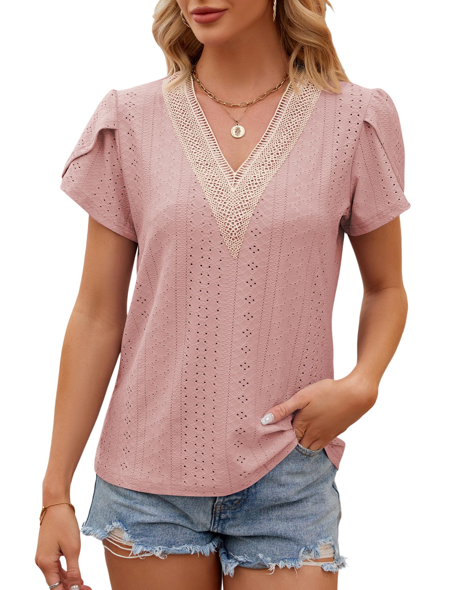 HANERDUN Camisetas Manga Corta Mujer Blusas Verano Elegantes Top de Encaje con Cuello en V Camisa Casual Manga Pétalo T Shirt Básica Túnica