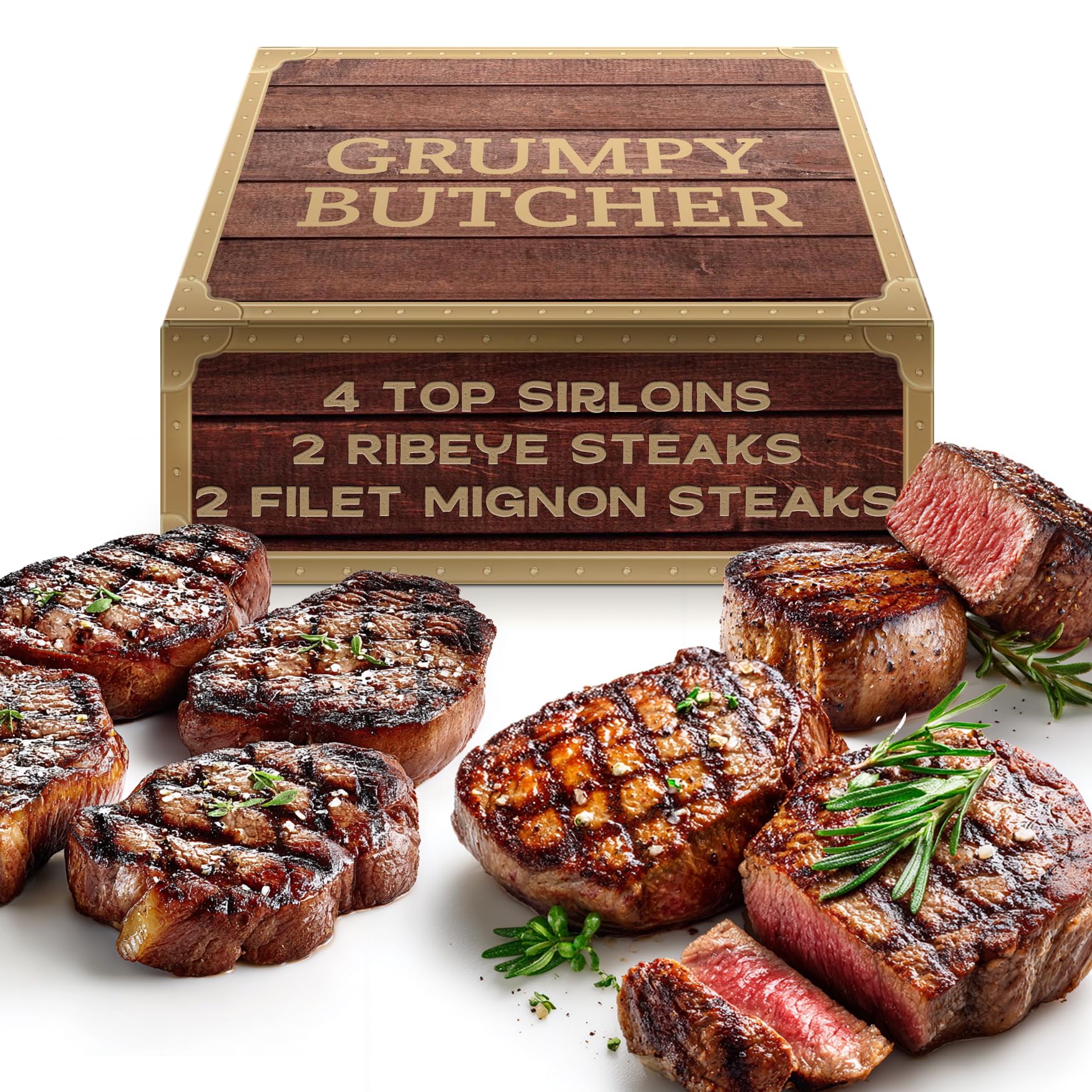 Grumpy Butcher 8 Steaks Full House Set - 4 Top Sirloin Steak (6 oz), 2 Ribeye Steaks (14 oz), 2 Filet Mignon Steak (8 oz) - Food Gifts of Premium Steak Meat