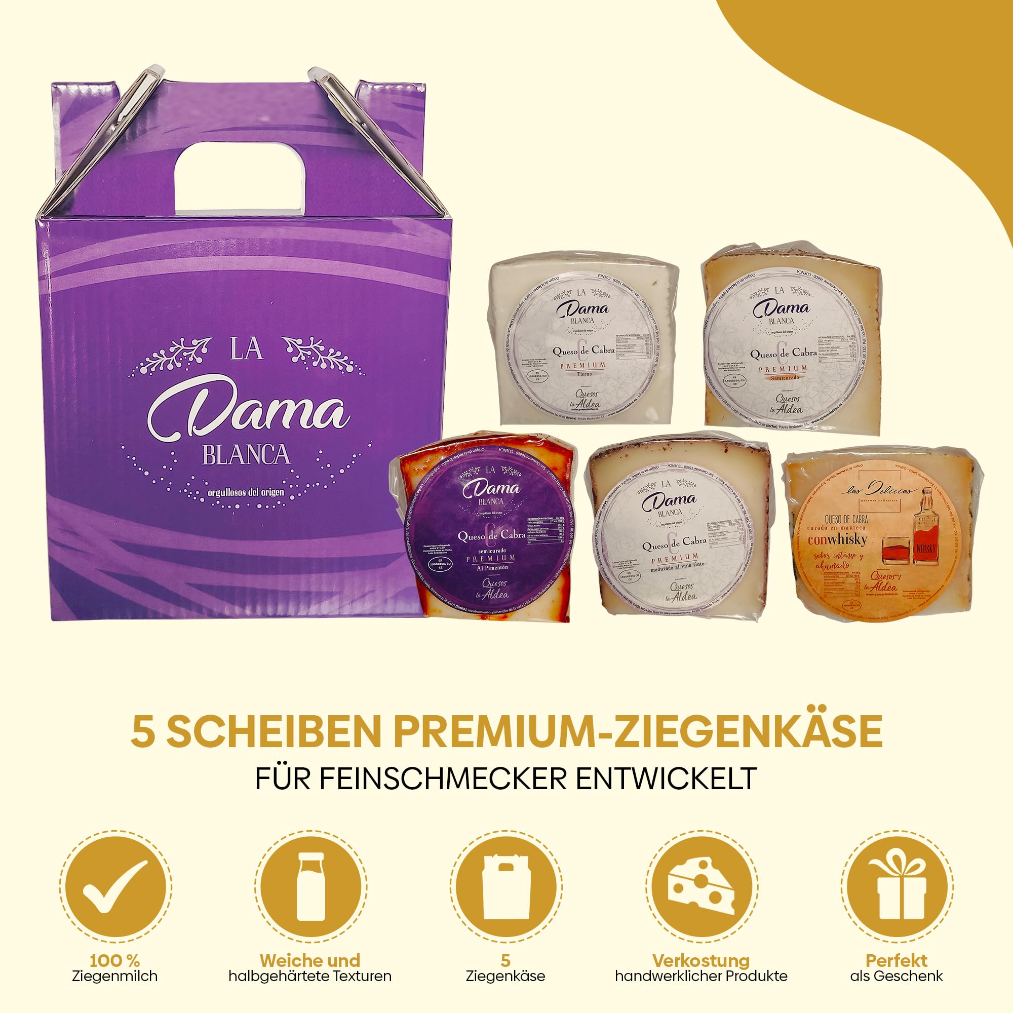 QUESOS LA ALDEA | Ziegenkäse Geschenkkörbe 5 Keile Mild, Halb gereift, Rotwein, Whisky & Paprika | Spanischer Käse Feinkost Geschenkset | Präsentkorb gefüllt | Fresskorb Geschenkkorb für Männer