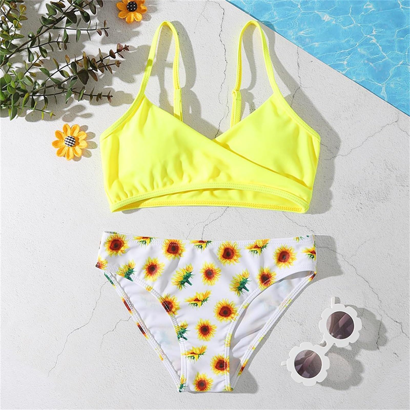 Generisch Bañador para niños pequeños, niñas, deportes, girasoles amarillos, estampados, bikini, dividido, bañador de playa