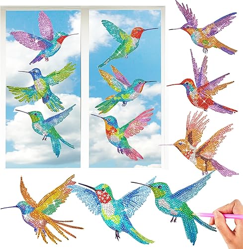 Qilery 12 piezas de pintura de diamante grande de colibrí gigante, vitral, vitral, kits de pintura de diamantes, kit de pintura de diamantes de