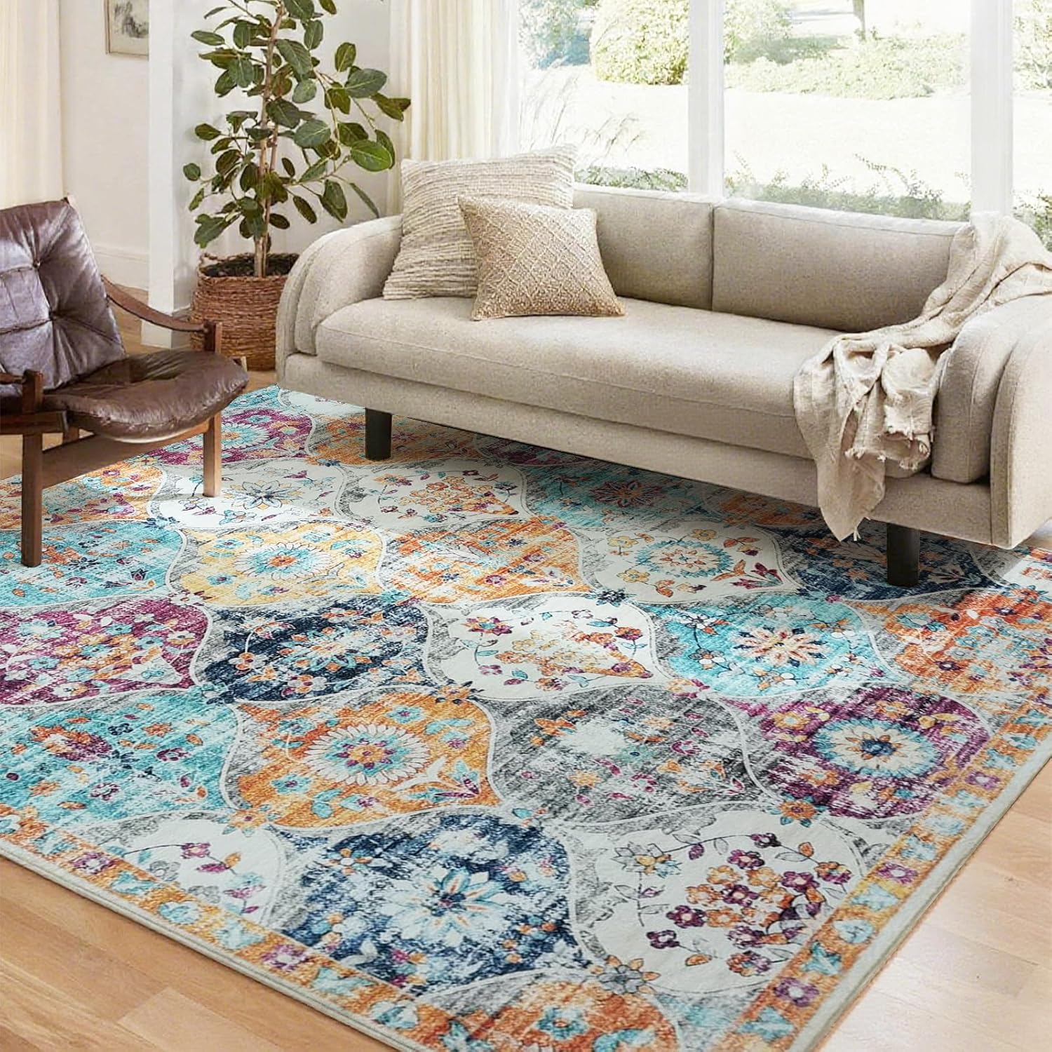 Boho 8x10 Area Rugs for Living Room & Bedroom - Traditional Machine Washable Non-Slip Plush Rug - Soft Indoor Floor Carpet for Kids Playroom Multi Color