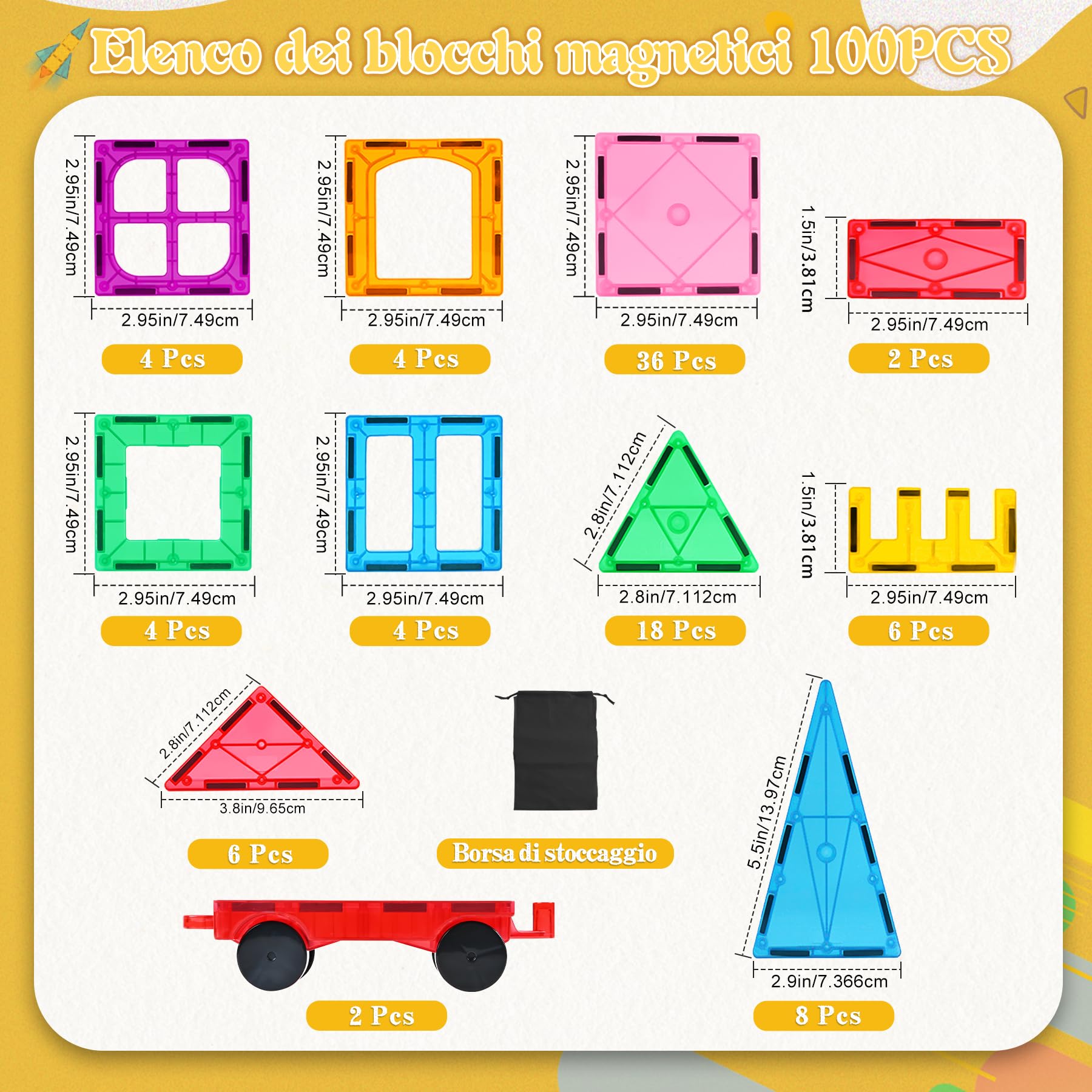 Blocchi Magnetici per Bambini, 100 pezzi Giocattoli Magneti per Bambini Divertente e Creativo Blocchi Magnetici Giocattoli Montessori per Ragazzi di 3 4 5 6 7 8 Anni Regali di Compleanno