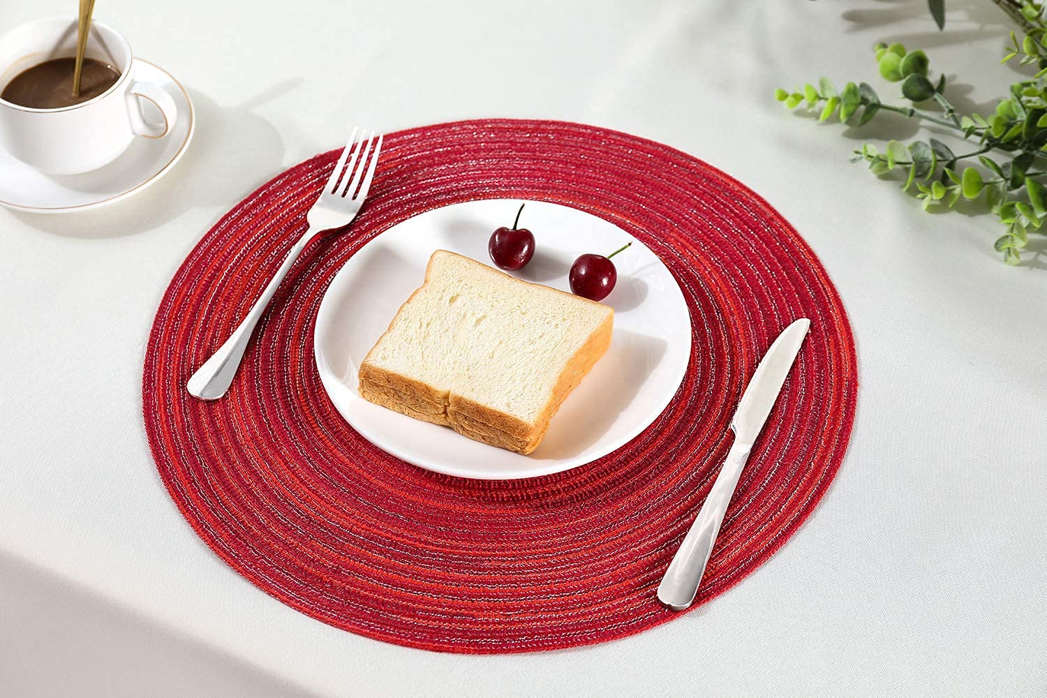 Alnicov Set di 6 tovagliette rotonde da 38 cm, in cotone, resistenti al calore, antiscivolo, lavabili, per tavolo da pranzo, matrimoni, feste e uso quotidiano (rosso)