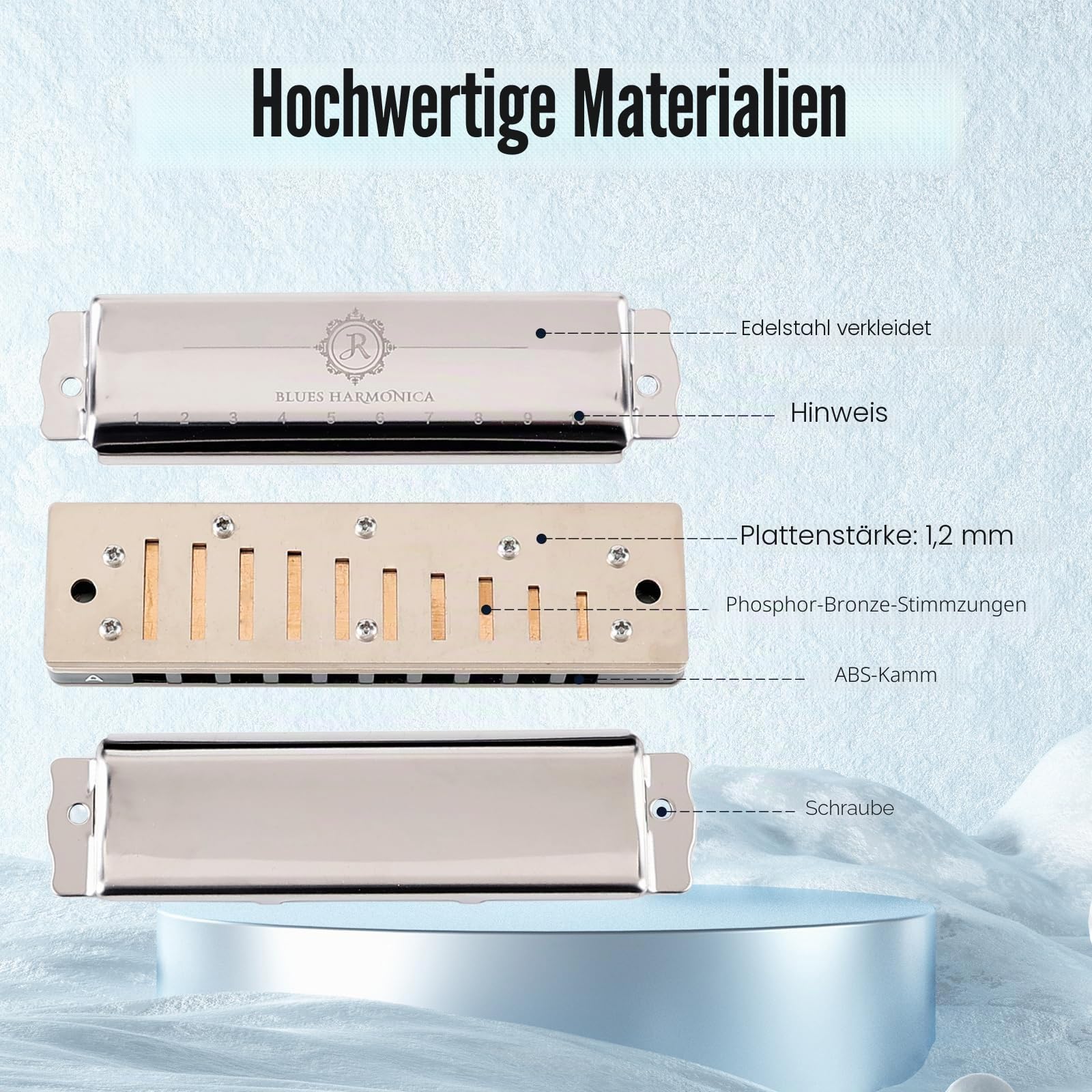 JDR North Mundharmonika C-Tonart 10 Löcher 20 Töne Blues Harfe Diatonische Mundorgel Armonika mit EVA-Schutzhülle für Erwachsene Anfänger Profis Fortgeschrittene Rock Jazz Geschenk Silber