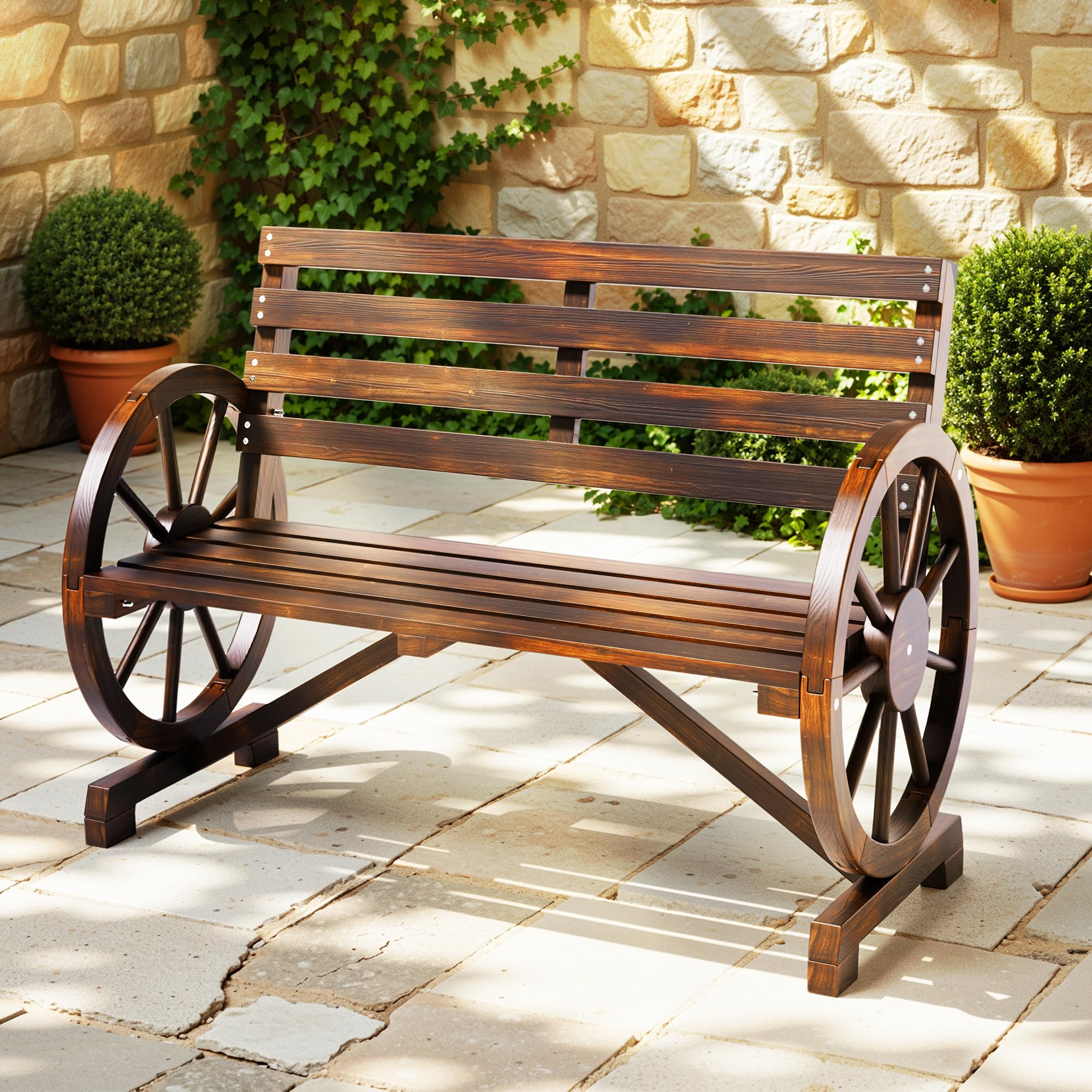 Banco de Exterior 2 Plazas, Madera de Cedro Macizo Resistente a la Intemperie, Reposabrazos en Forma de Rueda, Estilo Campestre, Carga 300 kg, para Patio Jardín Parque, 103x54x78 cm