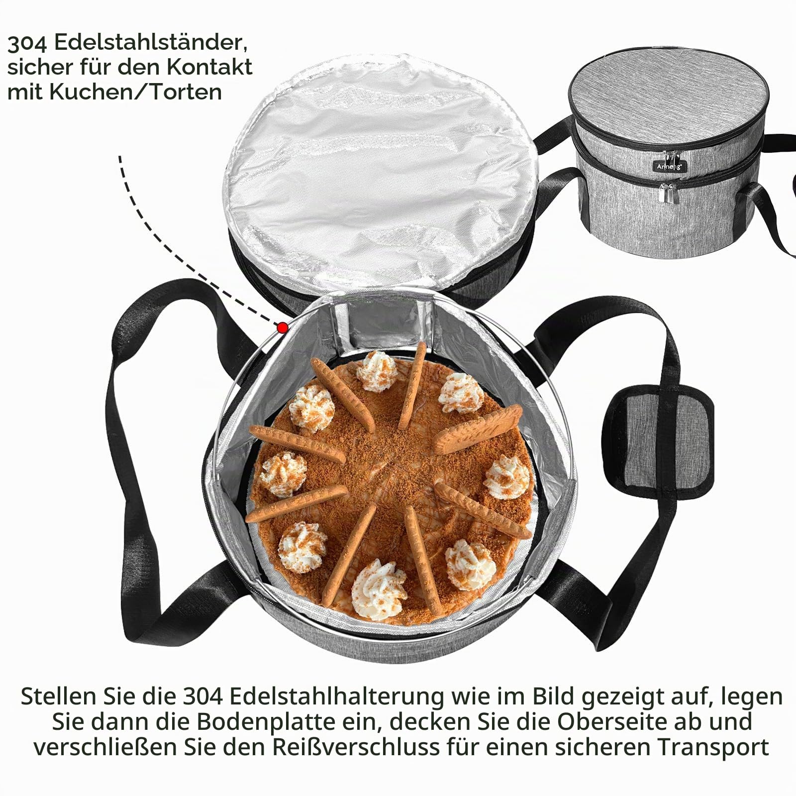 Kuchenträger Hartseitiges Design, Isoliertasche für Aufläufe, runder isolierter Kühler, Kuchenblech mit Deckel und Griff für heiße und kalte Speisen, Auflaufformen (Grau)
